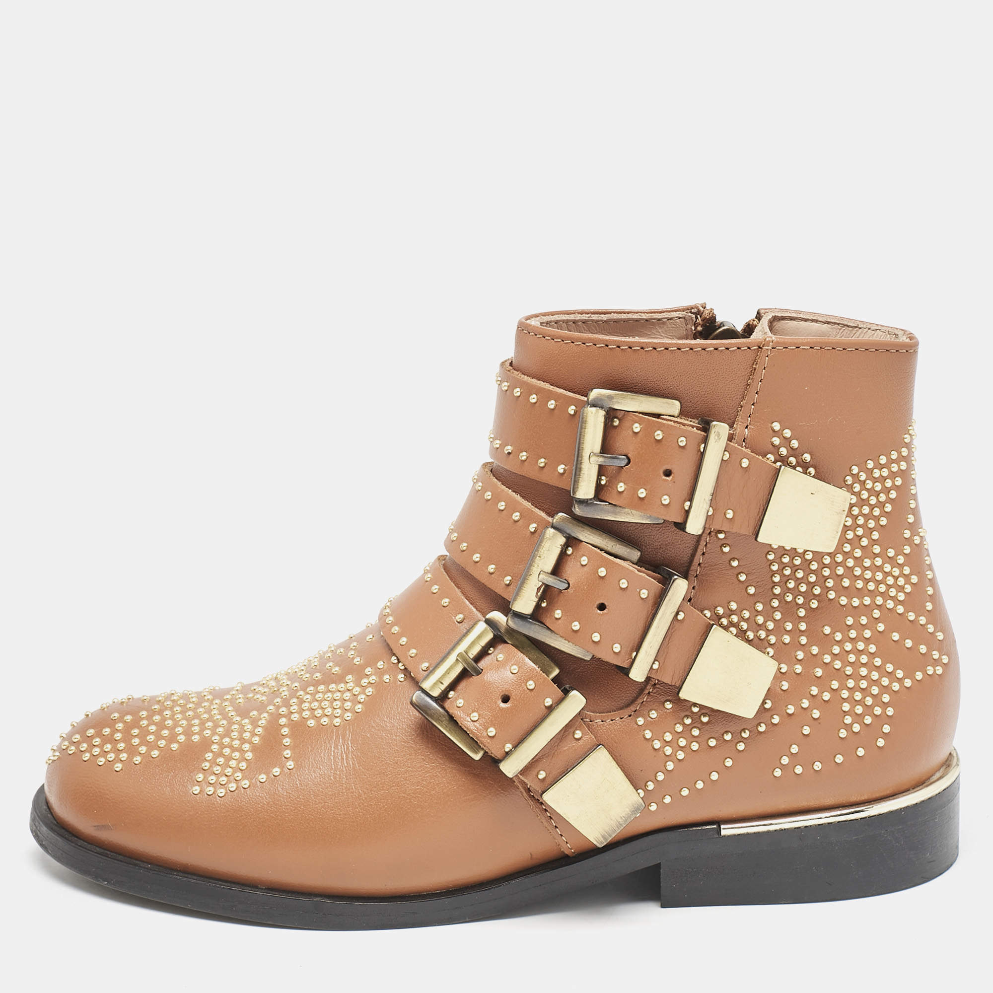 Chloe Brown Leather Susanna Studded Ankle Boots Size 31