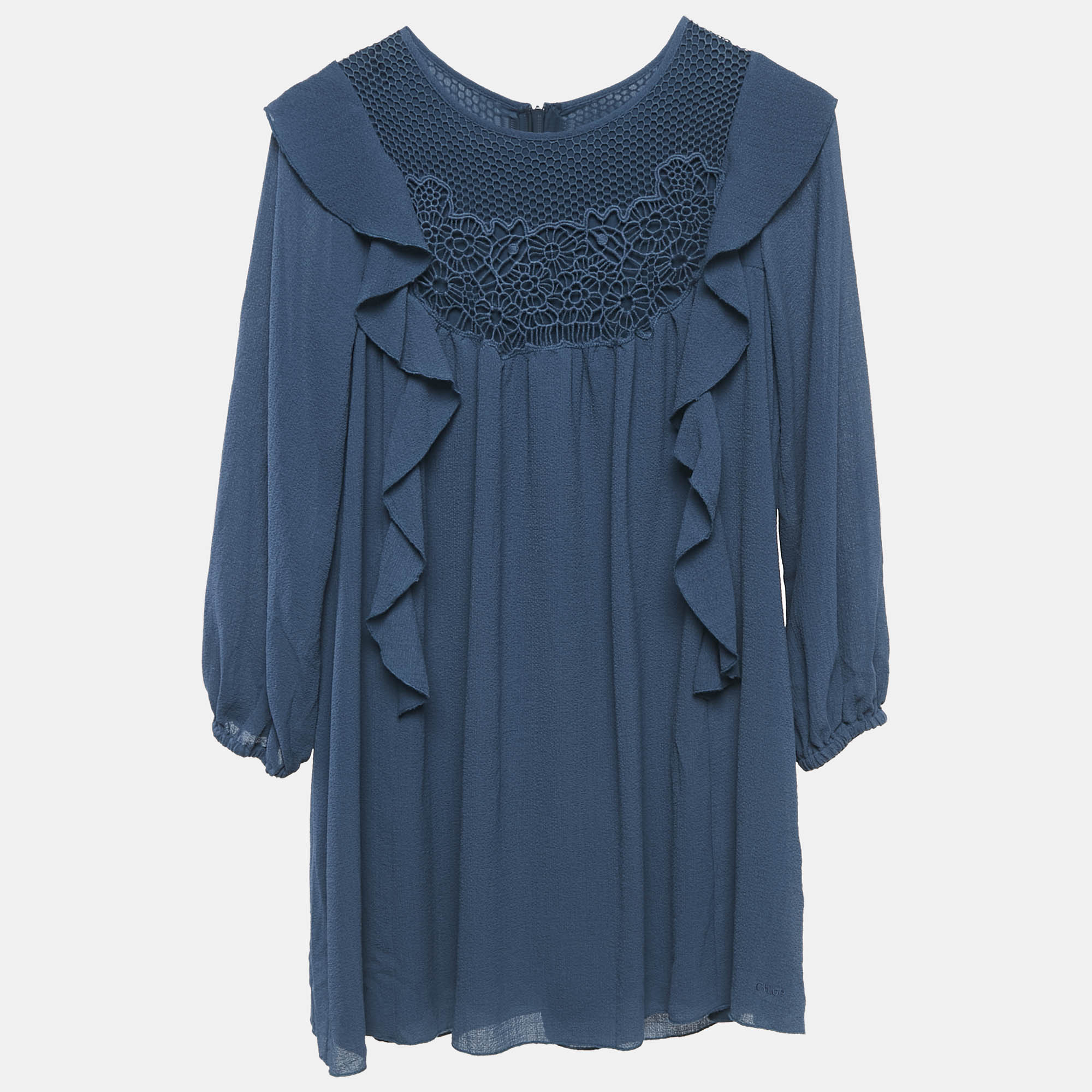 Chloe Blue Crepe Ruffled Lace Overlay Detail Dress 10 Yrs