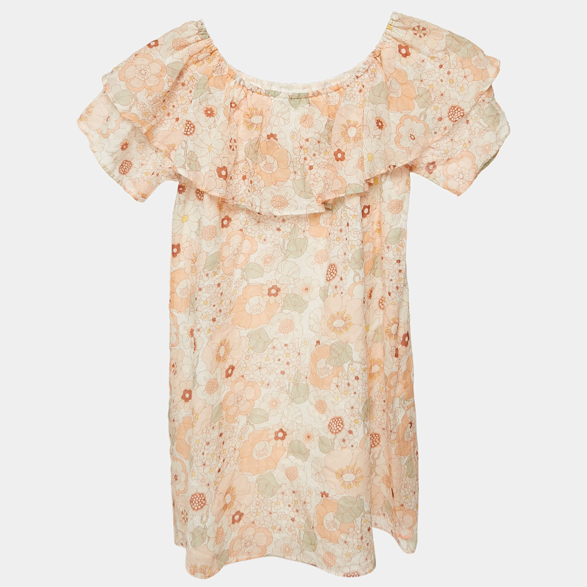 Pre Owned Chloe Kids Orange/Multicolor Floral Print Cotton Off-Shoulder Dress 10 Yrs