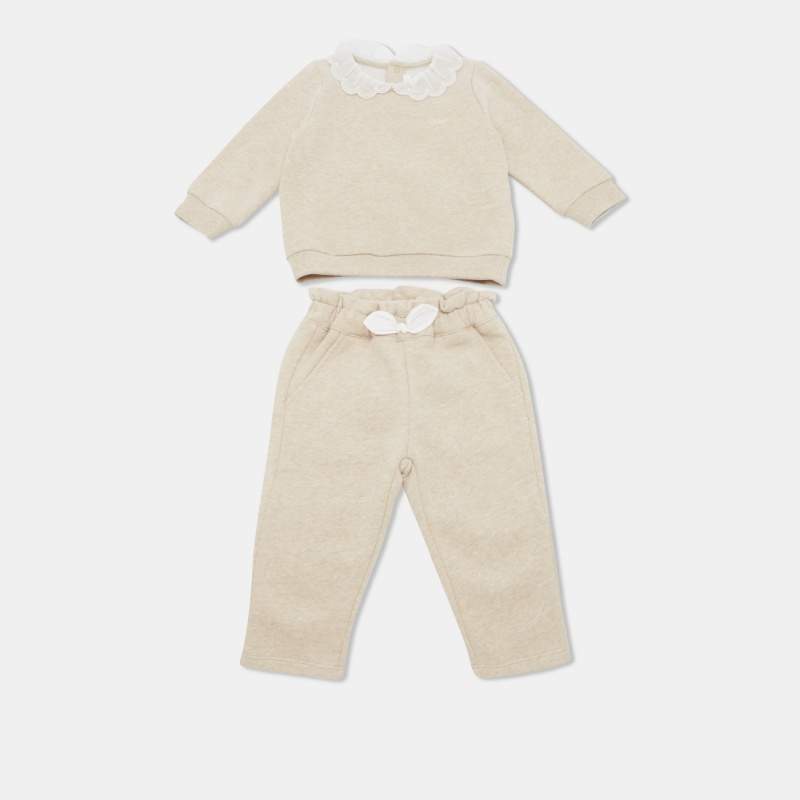 Chloe Kids Beige Lace Trim Collar Cotton Top and Pants Set 12M