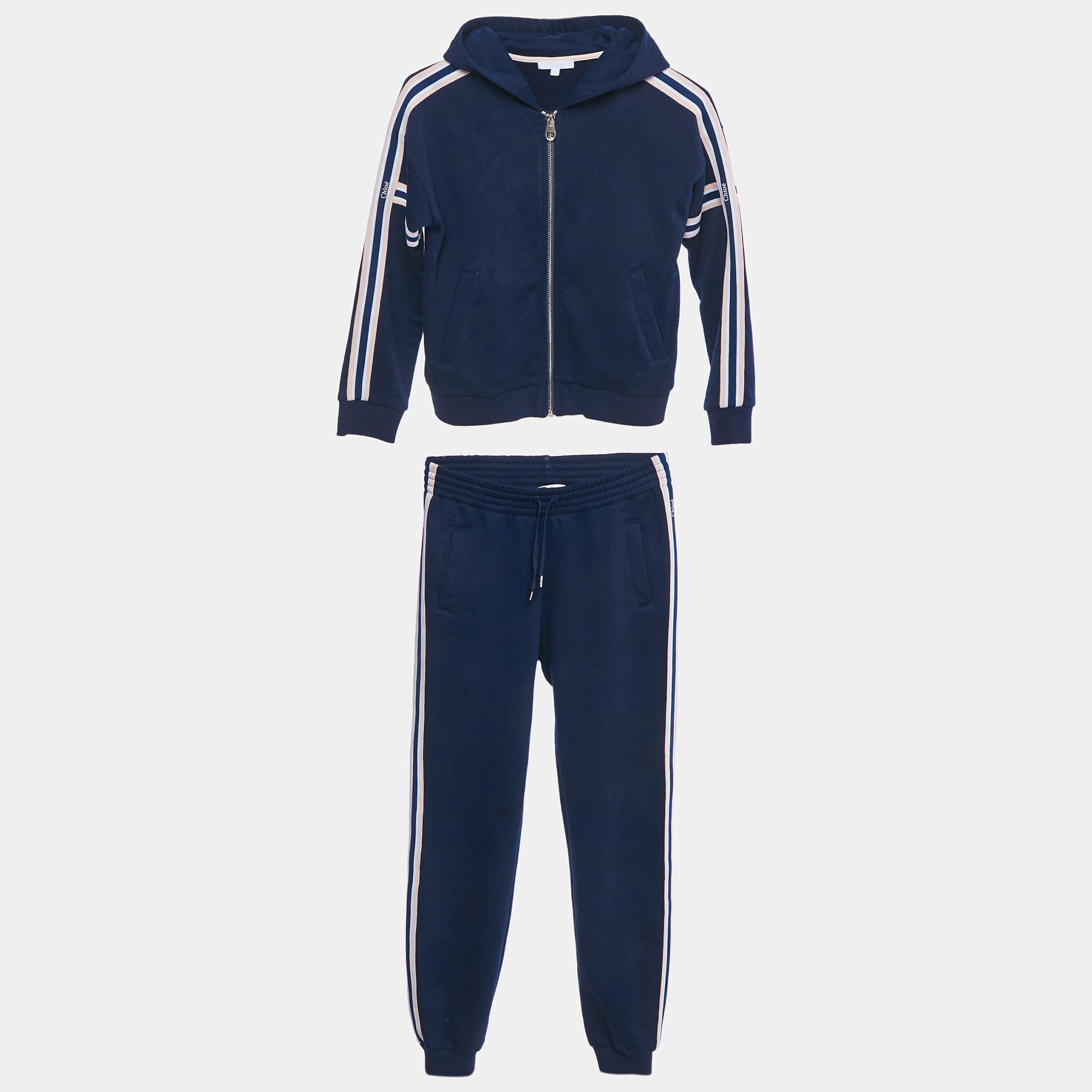 Pre Owned Chloe Kids Navy Blue Cotton Blend Logo Band Sweatshirt & Jogger Set 10/12Yrs