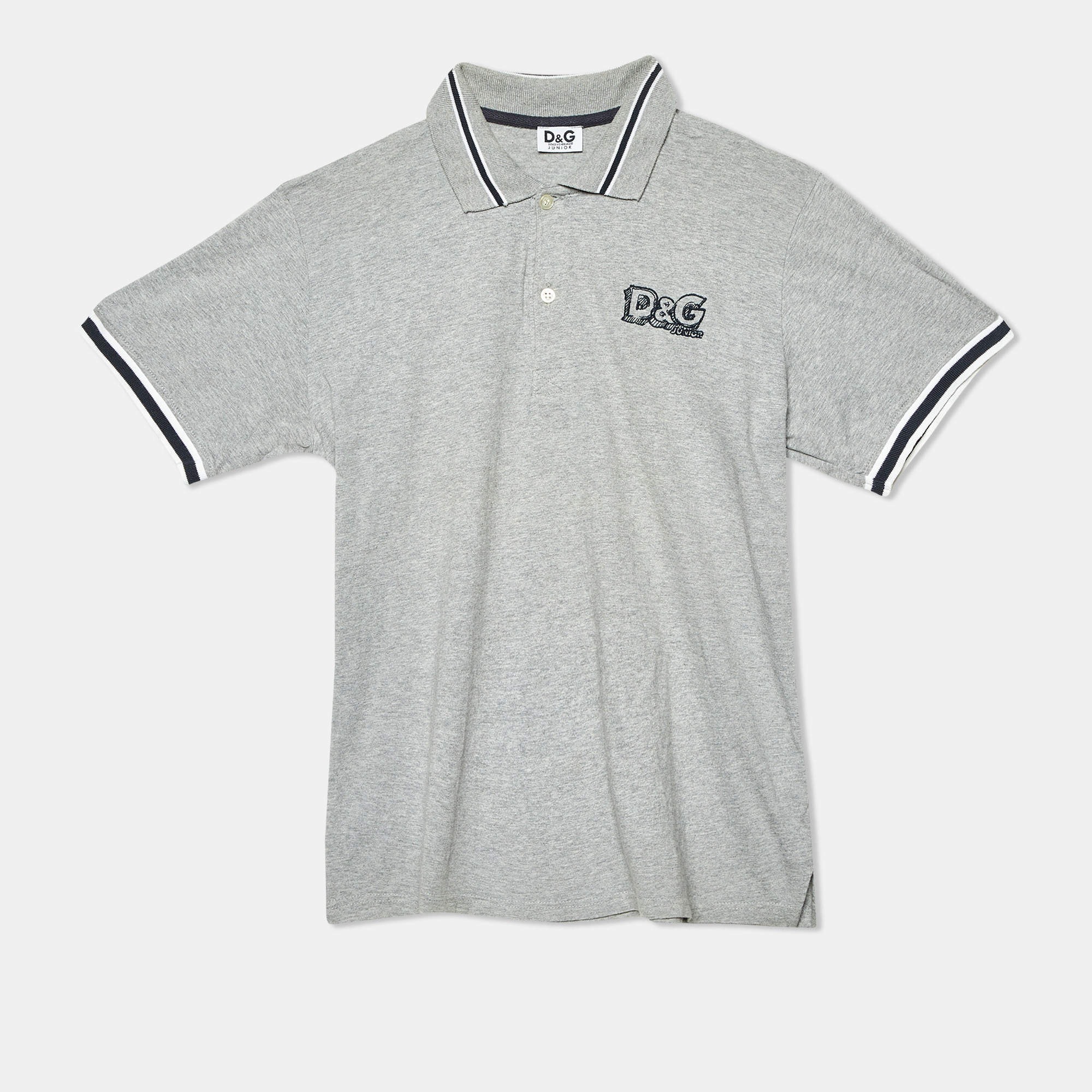 D&G Kids Grey Logo Embroidered Cotton Polo T-Shirt 14 Yrs