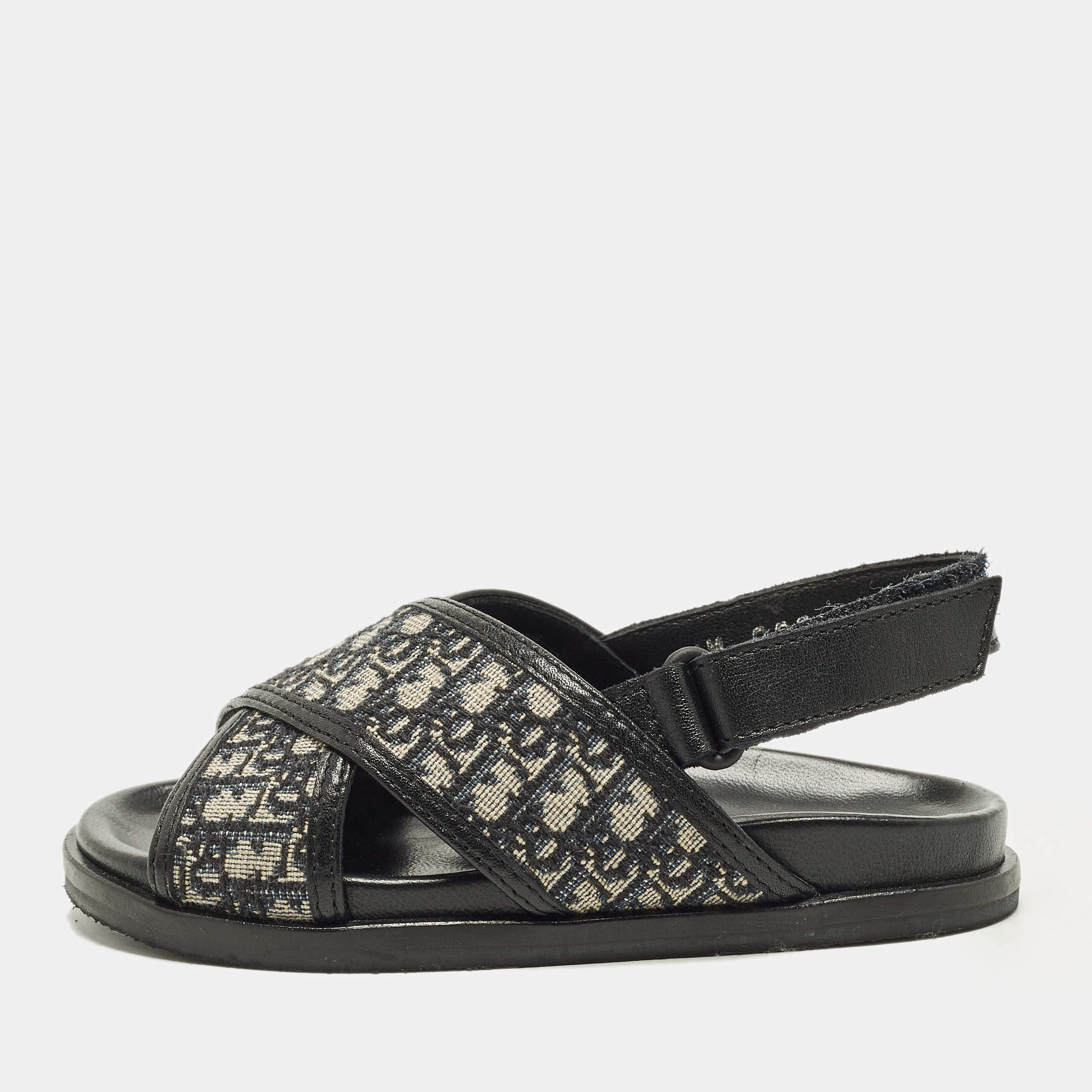 Pre Owned Dior Size 24 Beige/Black Oblique Canvas and Leather Flat Sandals