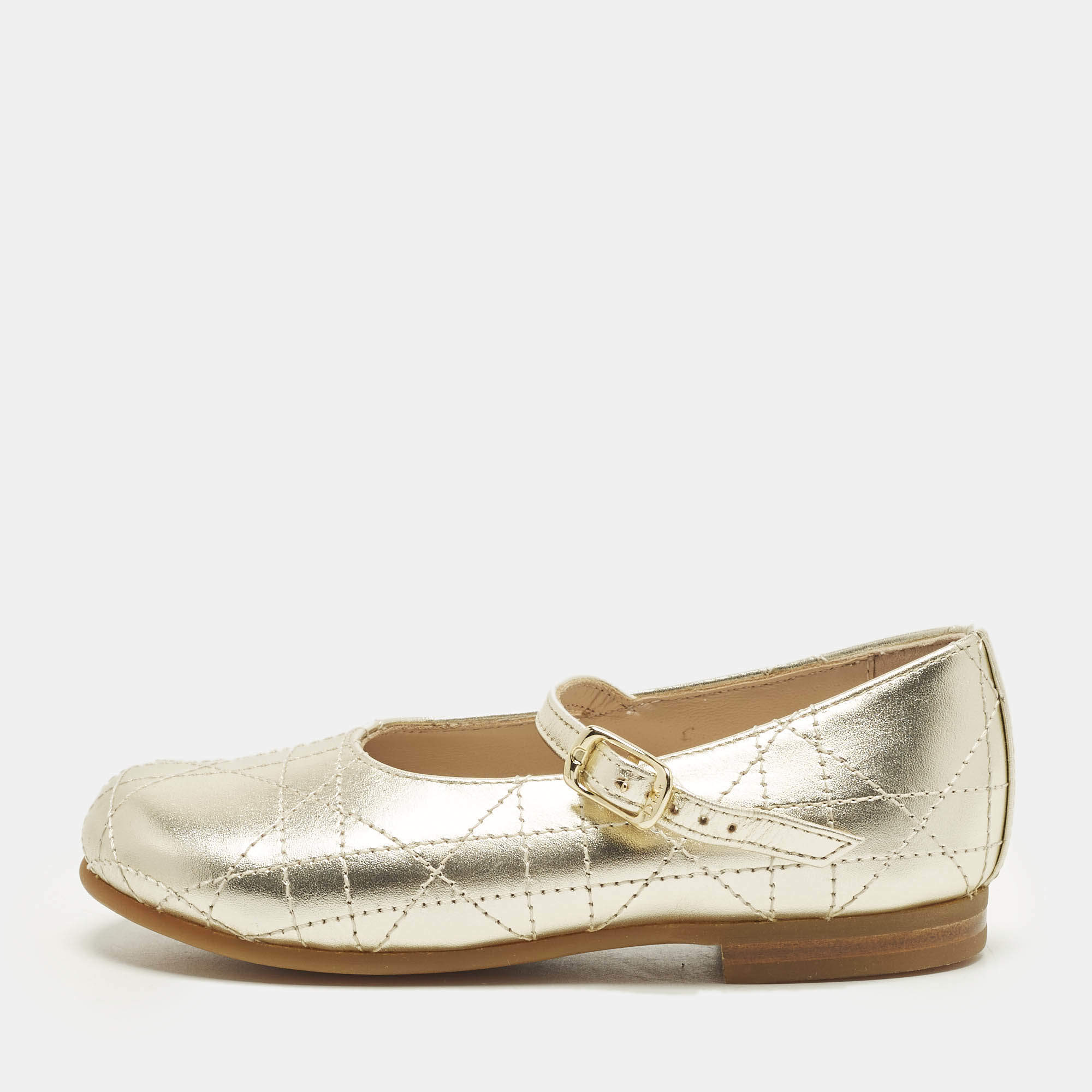 Pre Owned Dior Size 24 Gold Cannage Leather Ballet Flats