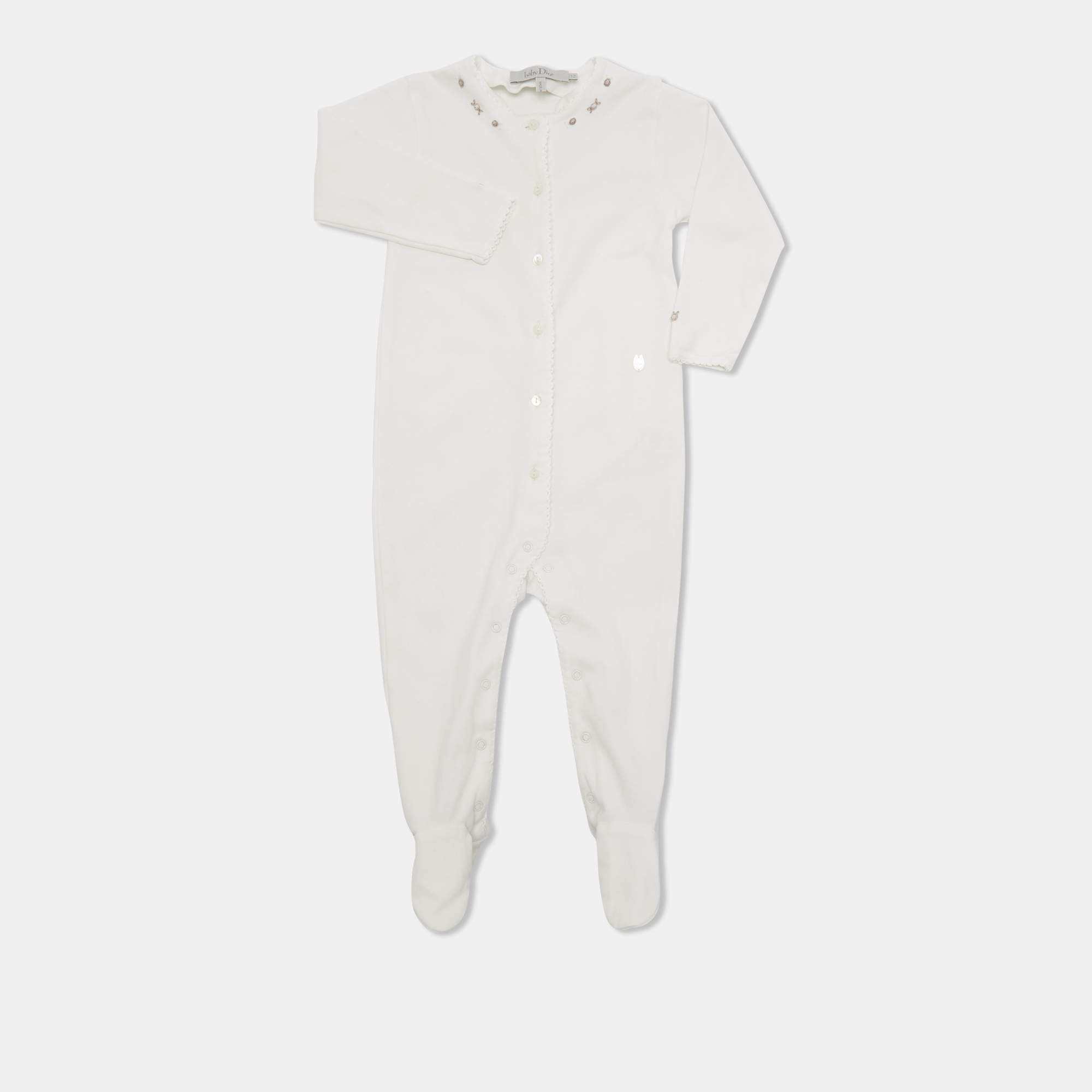 Pre Owned Baby Dior White Cotton Rose Embroidered Detail Onesie 12 M