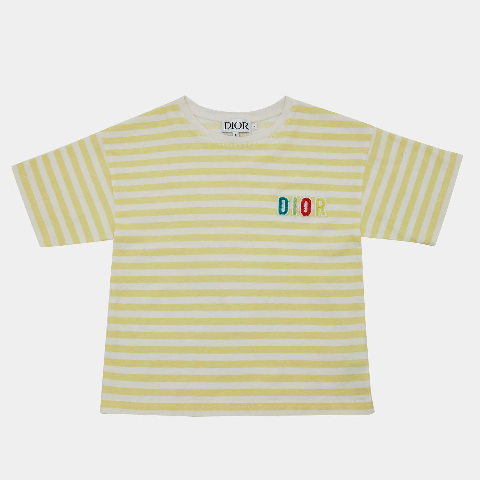 Pre Owned Dior Kids Yellow Striped Logo Cotton T-Shirt Size 4 Yrs