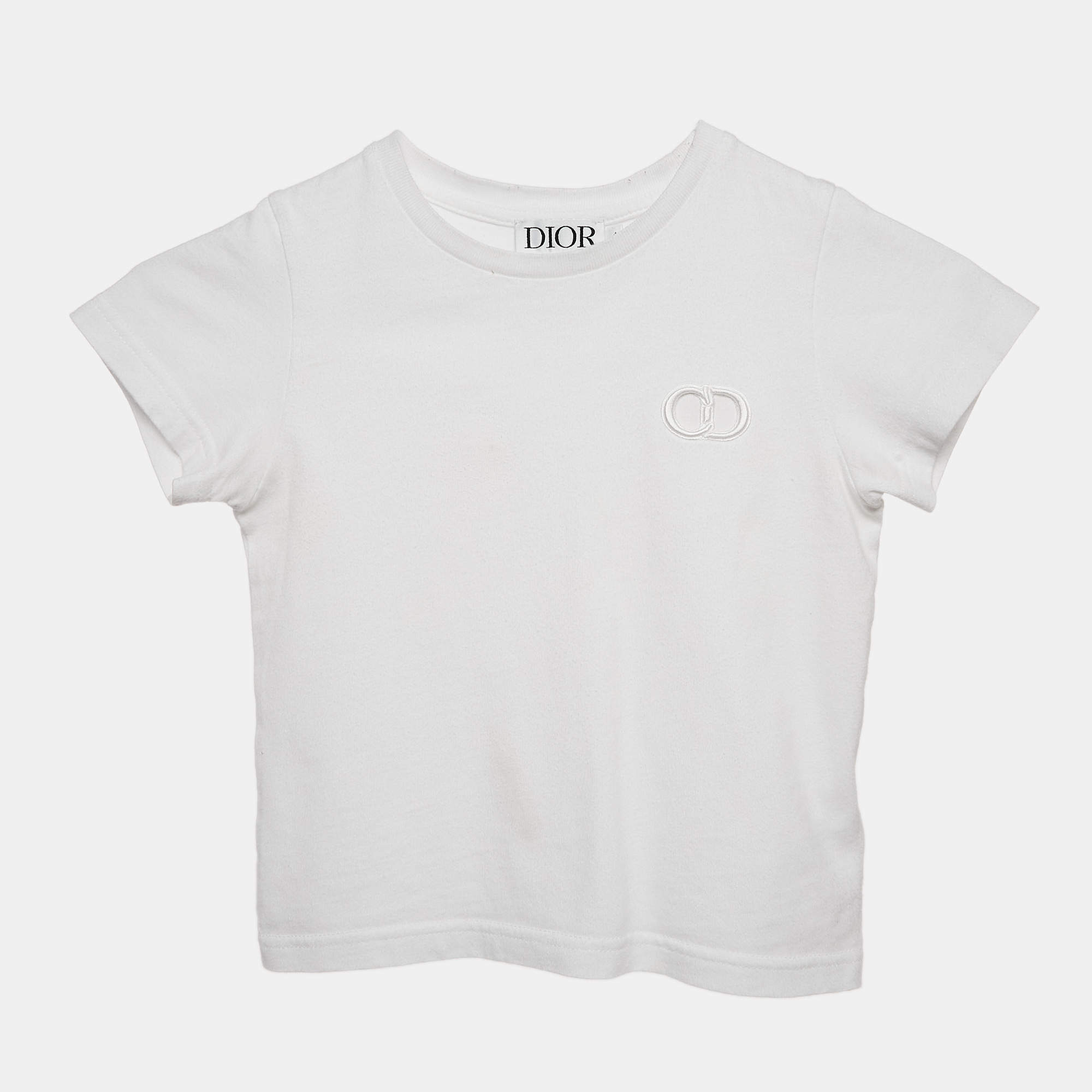 Pre Owned Dior Kids White Logo Embossed Cotton Crew Neck T-Shirt 4 Yrs