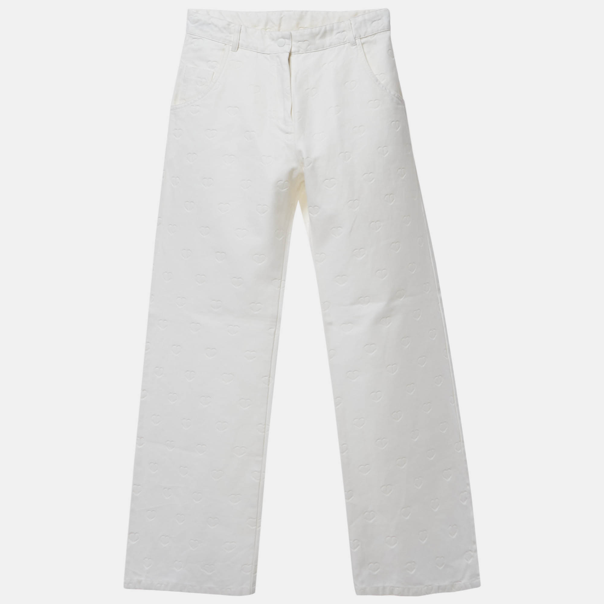 Pre Owned Dior Kids White Heart Logo Embossed Cotton Drill Wide Leg Trousers 13 Yrs
