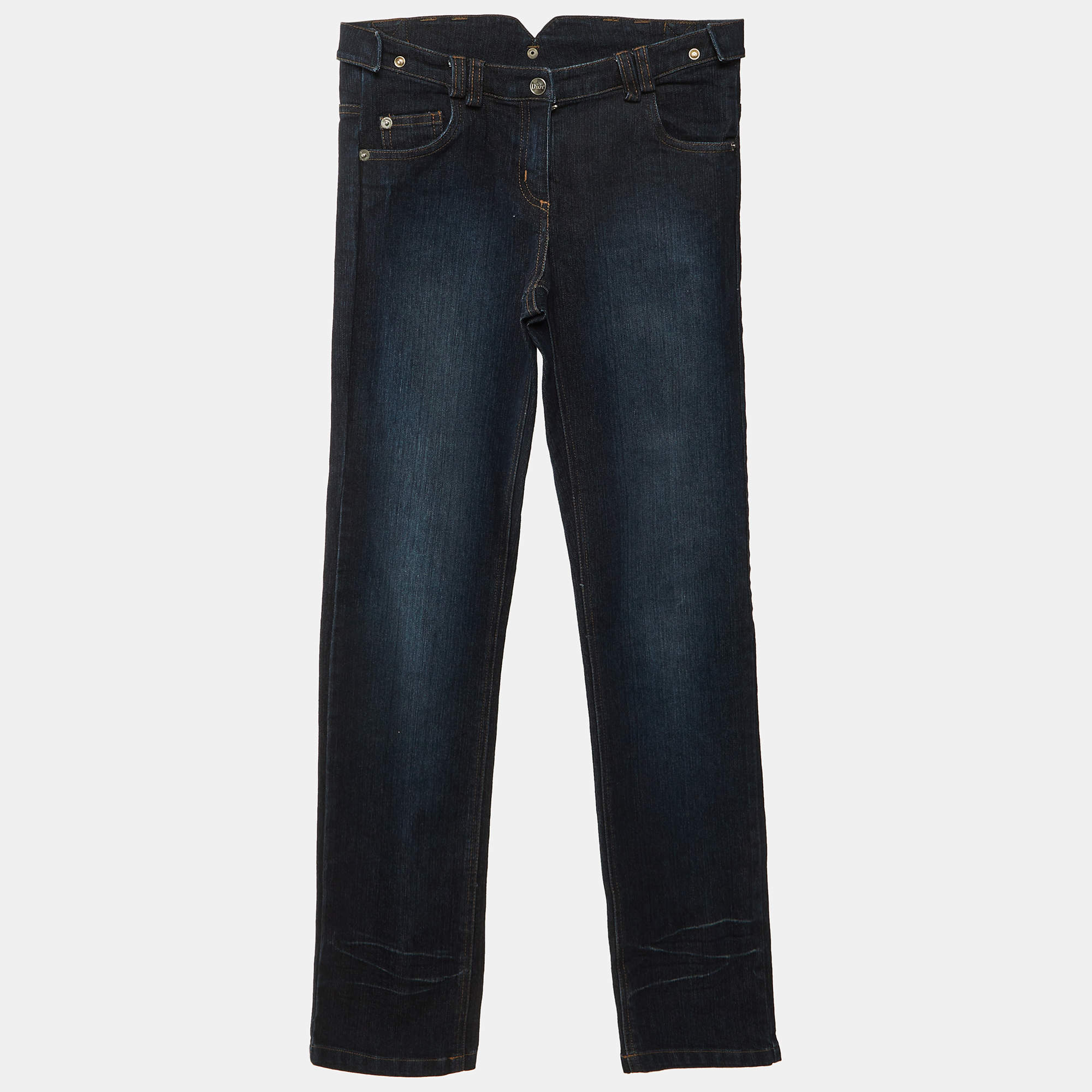 Pre Owned Christian Dior Kids Dark Blue Logo Embroidered Denim Straight Fit Jeans 10 Yrs Waist 25"