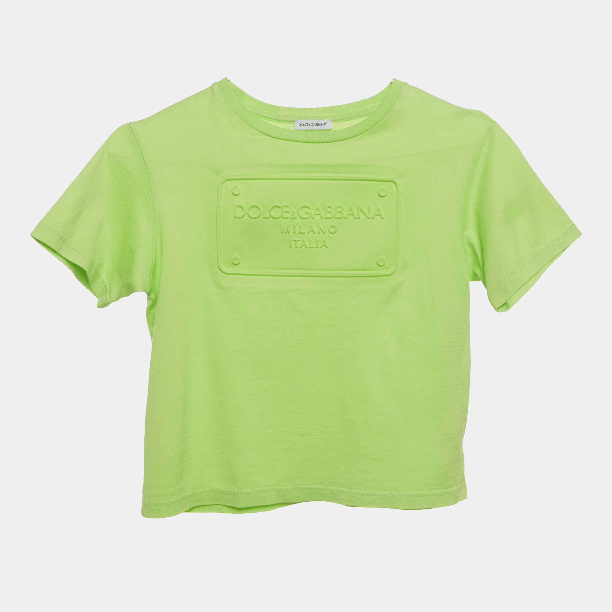 Pre Owned Dolce & Gabbana Kids Neon Green Logo Embossed Jersey T-Shirt 6 Yrs