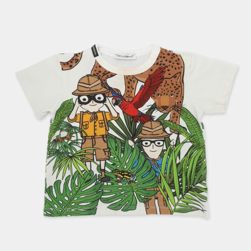 Pre Owned Dolce & Gabbana White Multicolor Jungle Safari Printed Jersey T-shirt 9-12 months