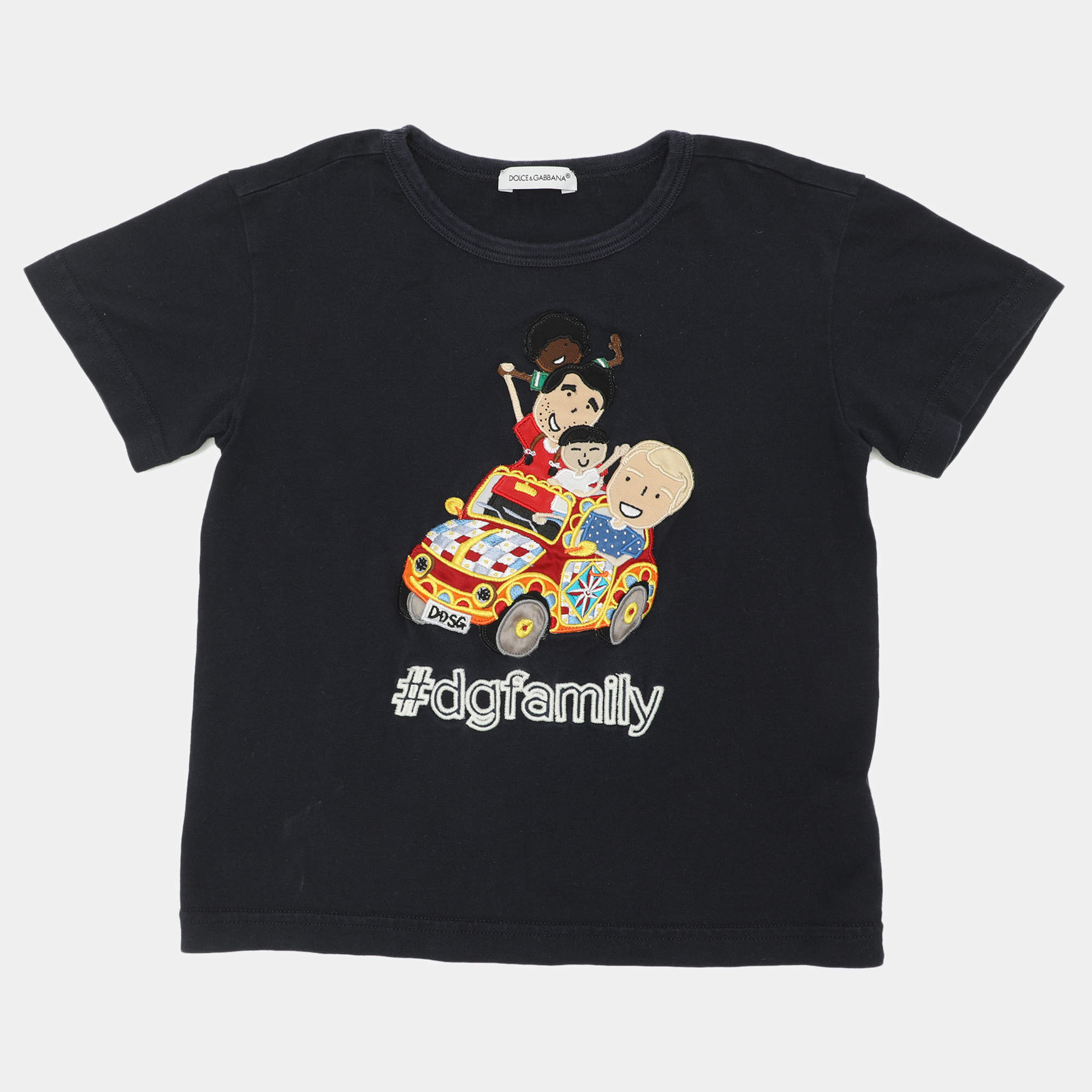 Pre Owned Dolce and Gabbana Navy Blue Cotton DG Family T-Shirt 4 Years