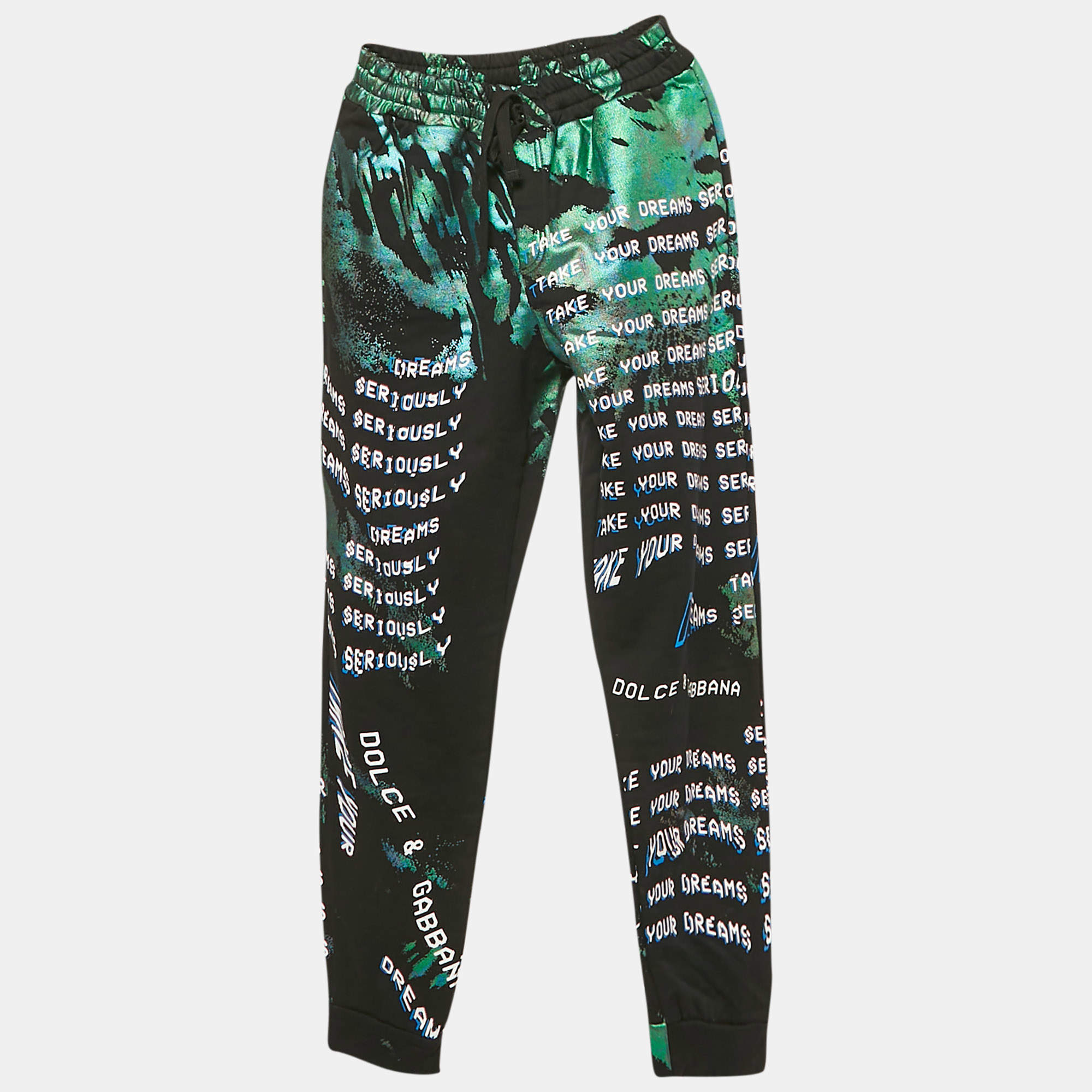 Pre Owned Dolce & Gabbana Kids Black/Green Foil Print Sweatpants 11/12 Yrs