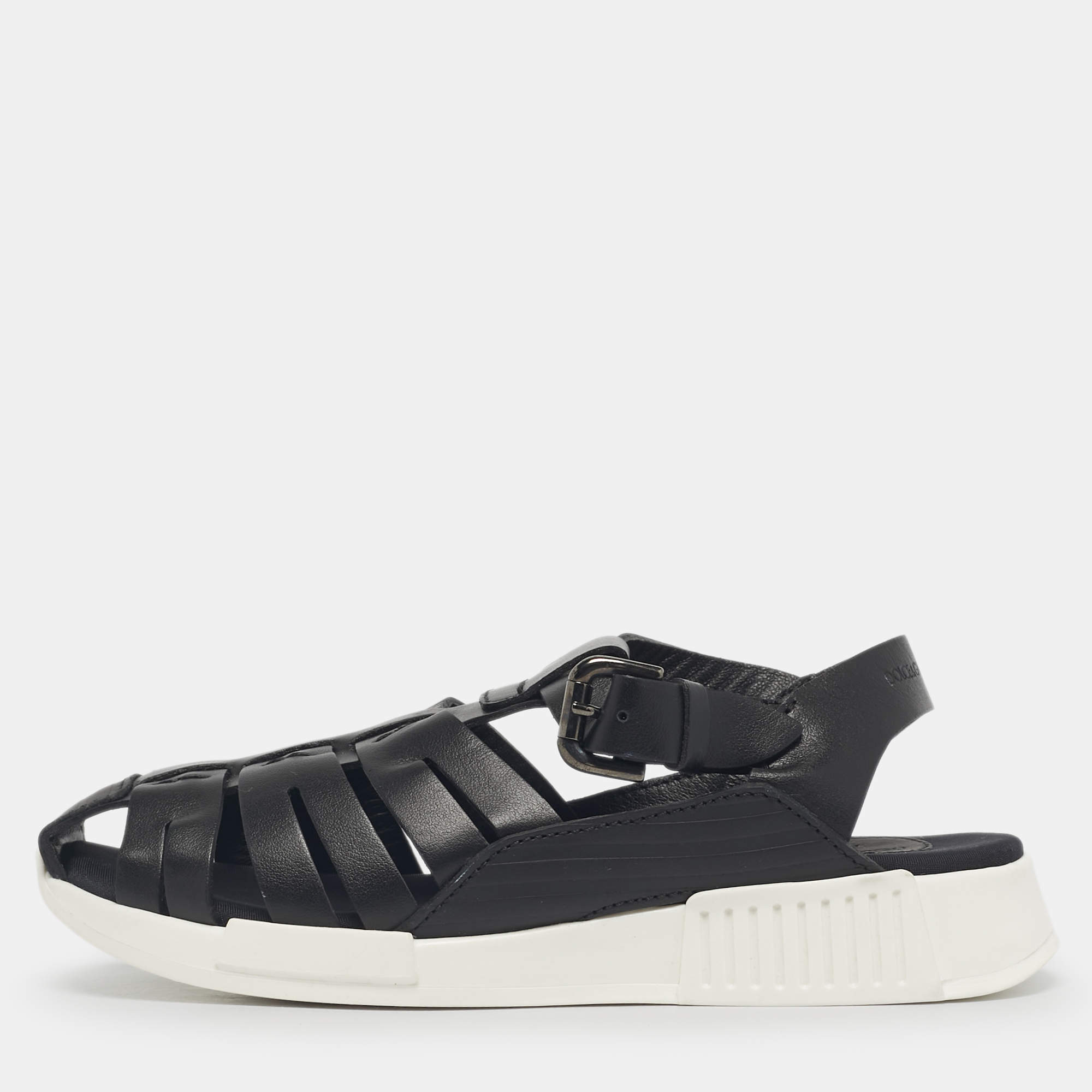 Pre Owned Dolce & Gabbana Black Leather Flat Sandals Size 30