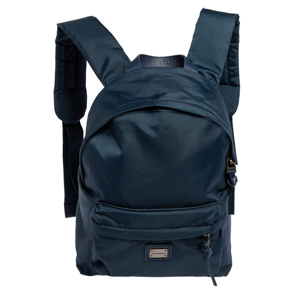 Pre Owned Dolce & Gabbana Blue Nylon  Logo Plaque Small Backpack
