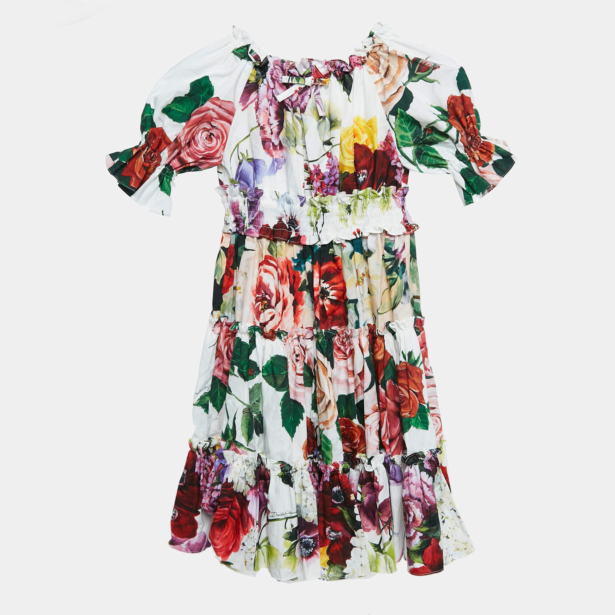 Dolce & Gabbana Kids White/Red Floral Print Poplin Tiered Dress 6 Yrs