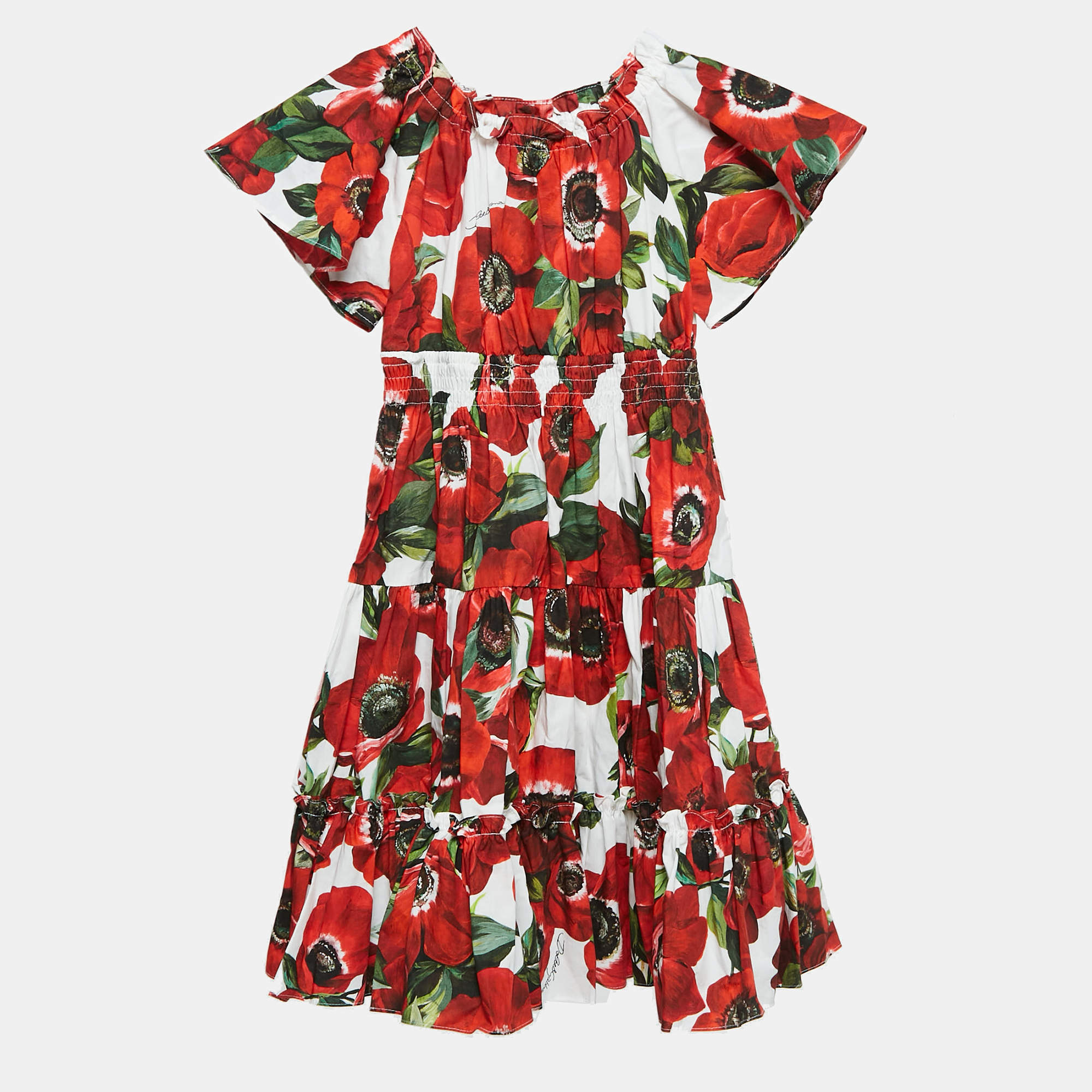 Pre Owned Dolce & Gabbana Kids Red Floral Print Poplin Tiered Dress 24-30 M