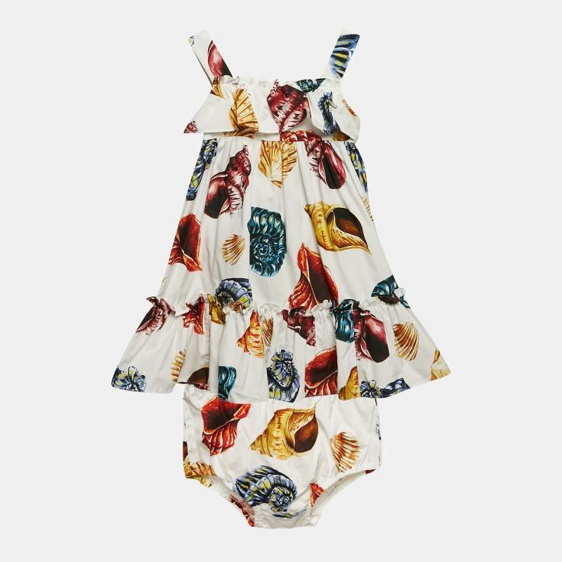 Dolce & Gabbana Kids White Shell Print Cotton Dress and Pants Set 12-18 M