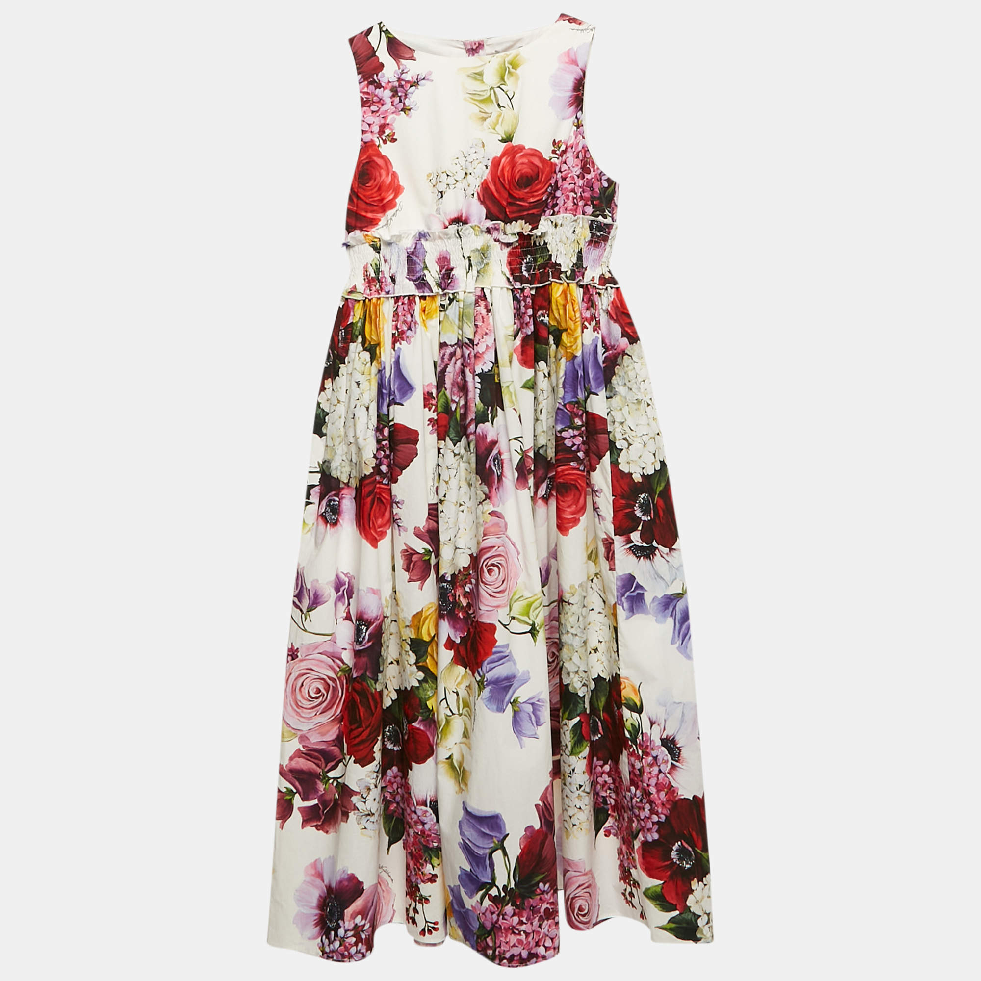 Dolce & Gabbana Kids White/Red Floral Print Poplin Shirring Midi Dress 11/12 Yrs