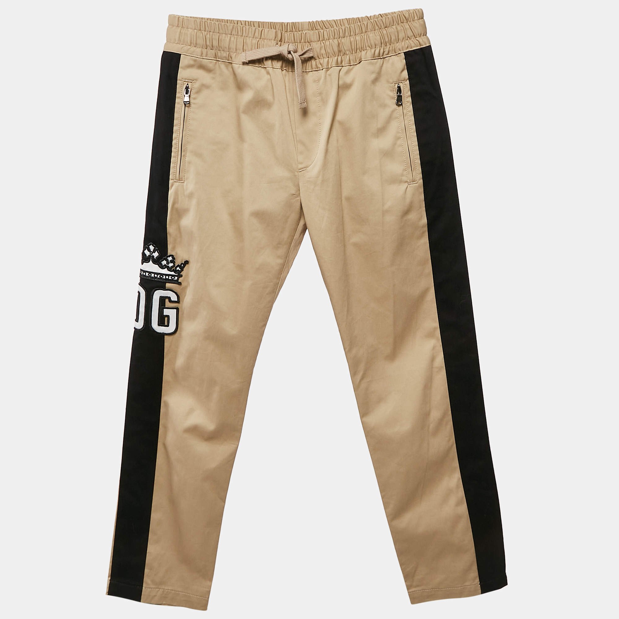 Pre Owned Dolce & Gabbana Kids Beige/Black Logo Applique Gabardine Trousers 7/8 Yrs