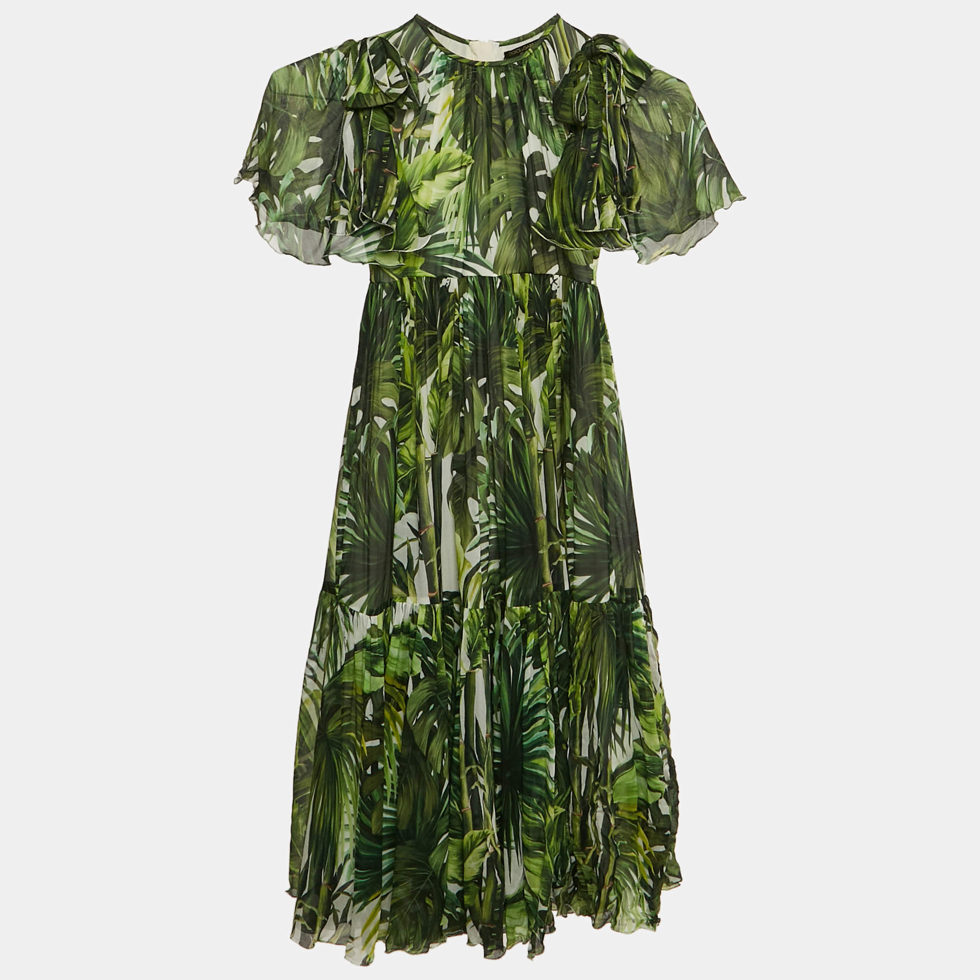 Pre Owned Dolce & Gabbana Green Tropical Print Silk Flounce Dress 7/8 Yrs