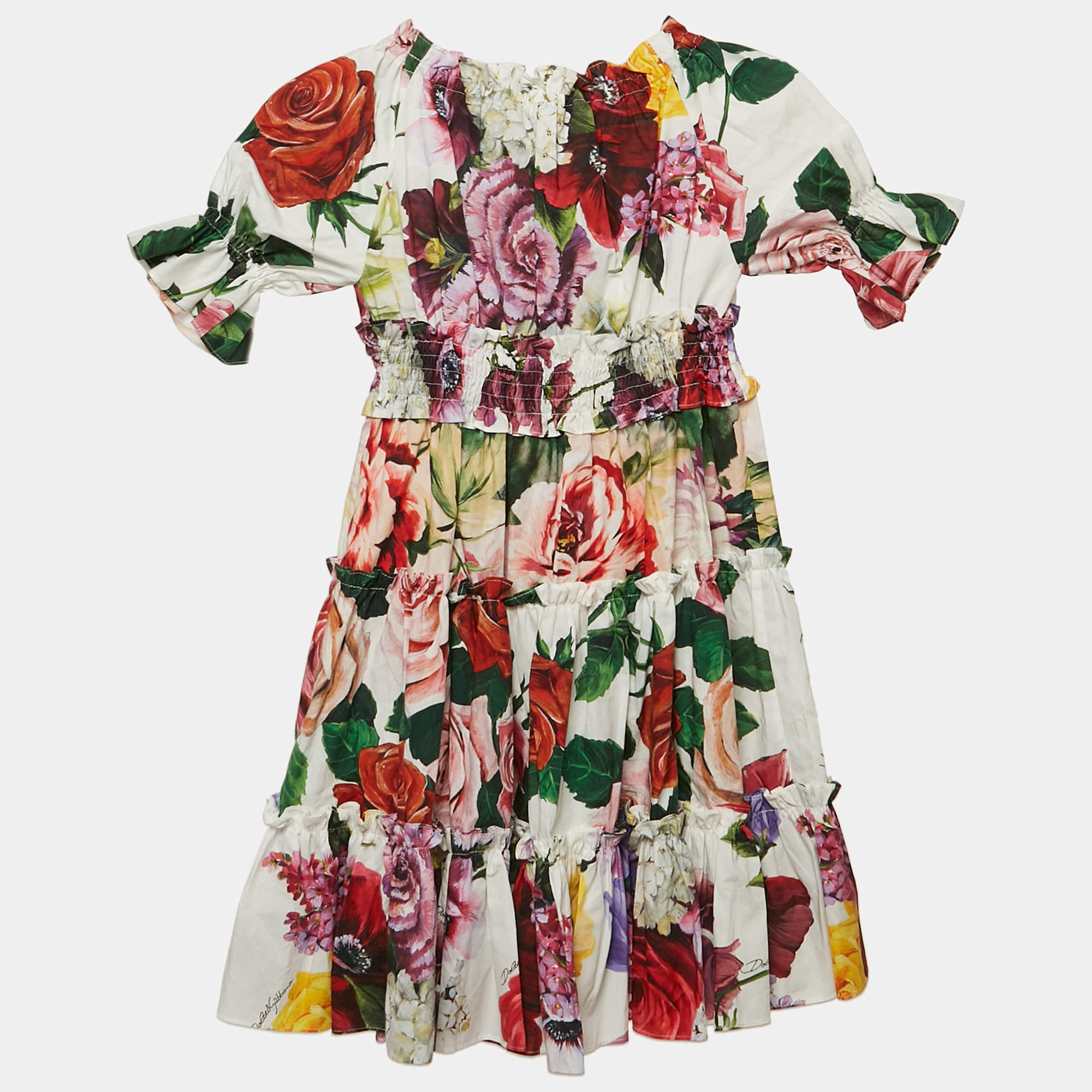 Dolce & Gabbana Kids White Floral Print Cotton Tiered Dress 4 Yrs