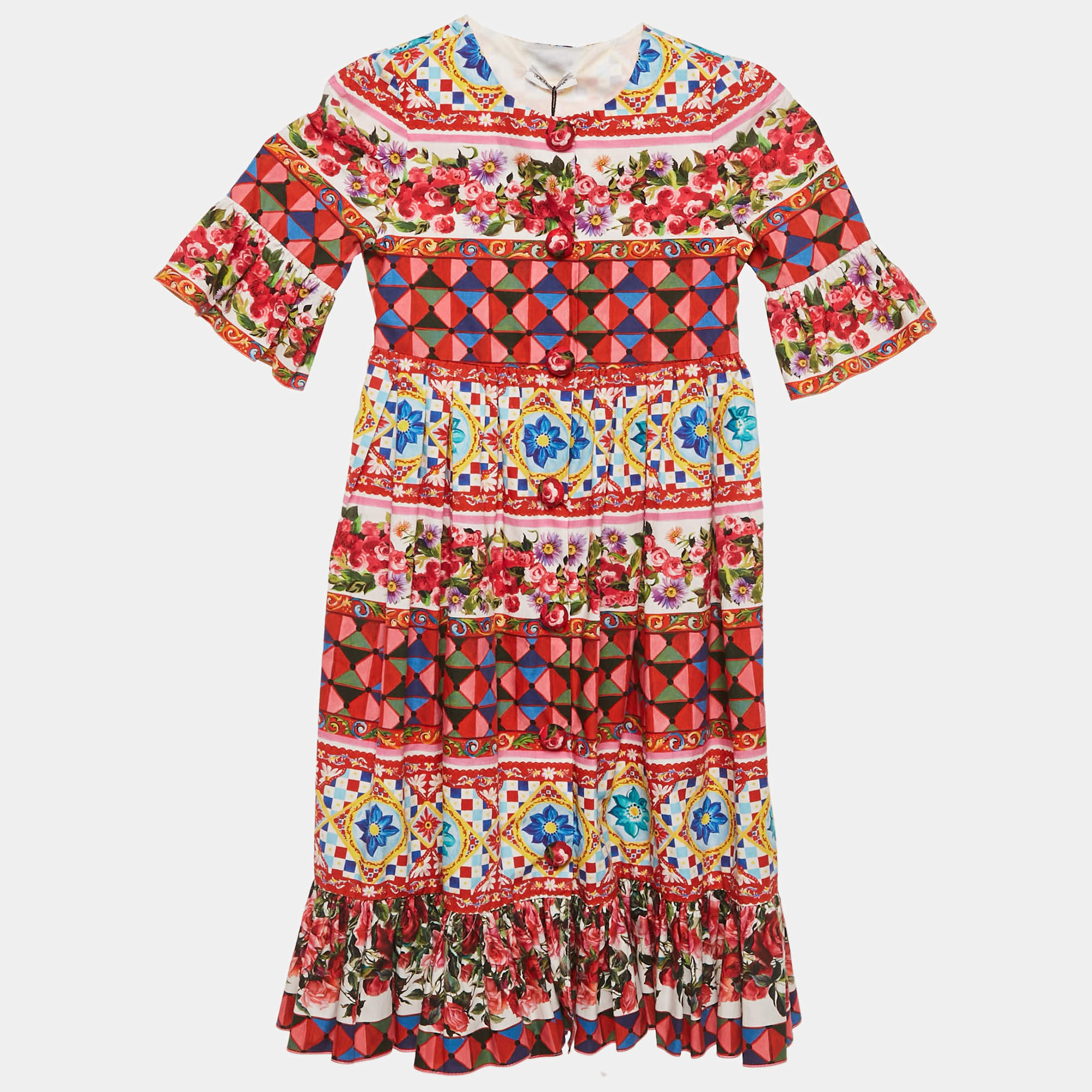 Pre Owned Dolce & Gabbana Multicolor Carretto Con Rose Print Cotton Flouce Dress 4 Yrs