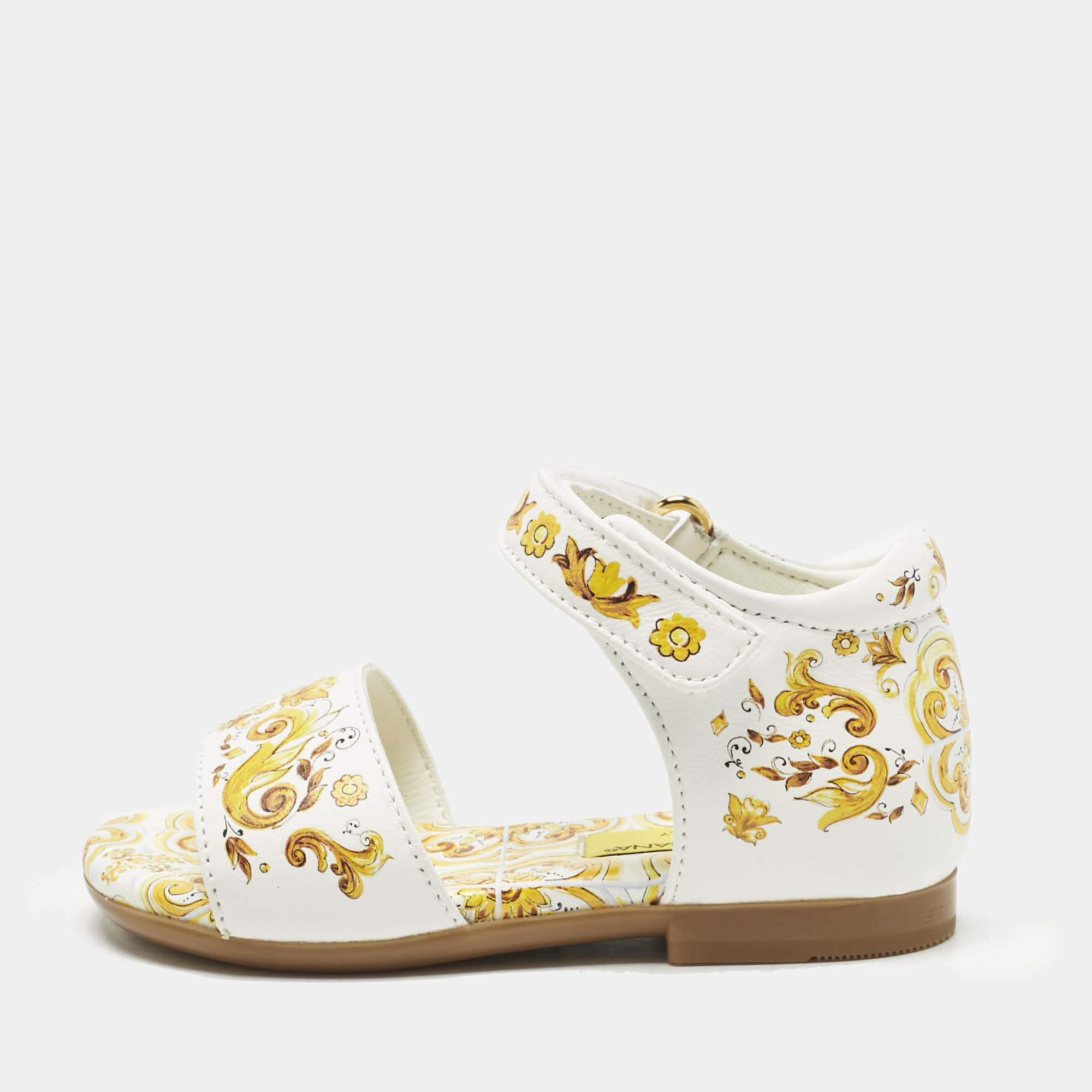 Pre Owned Dolce & Gabbana Yellow/White Majolica Print Leather Flat Sandals Size 21