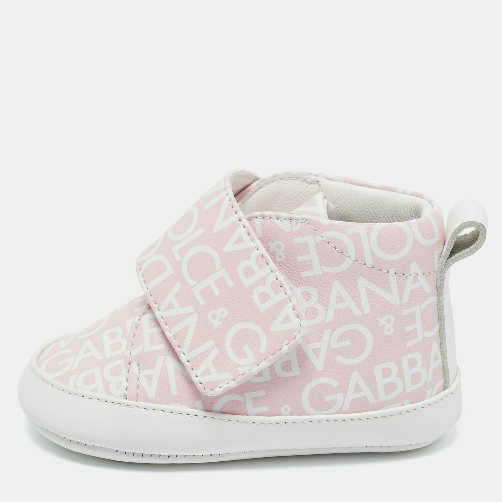 Pre Owned Dolce & Gabbana Pink/White Logo Print Leather Mid Top Sneakers Size 16