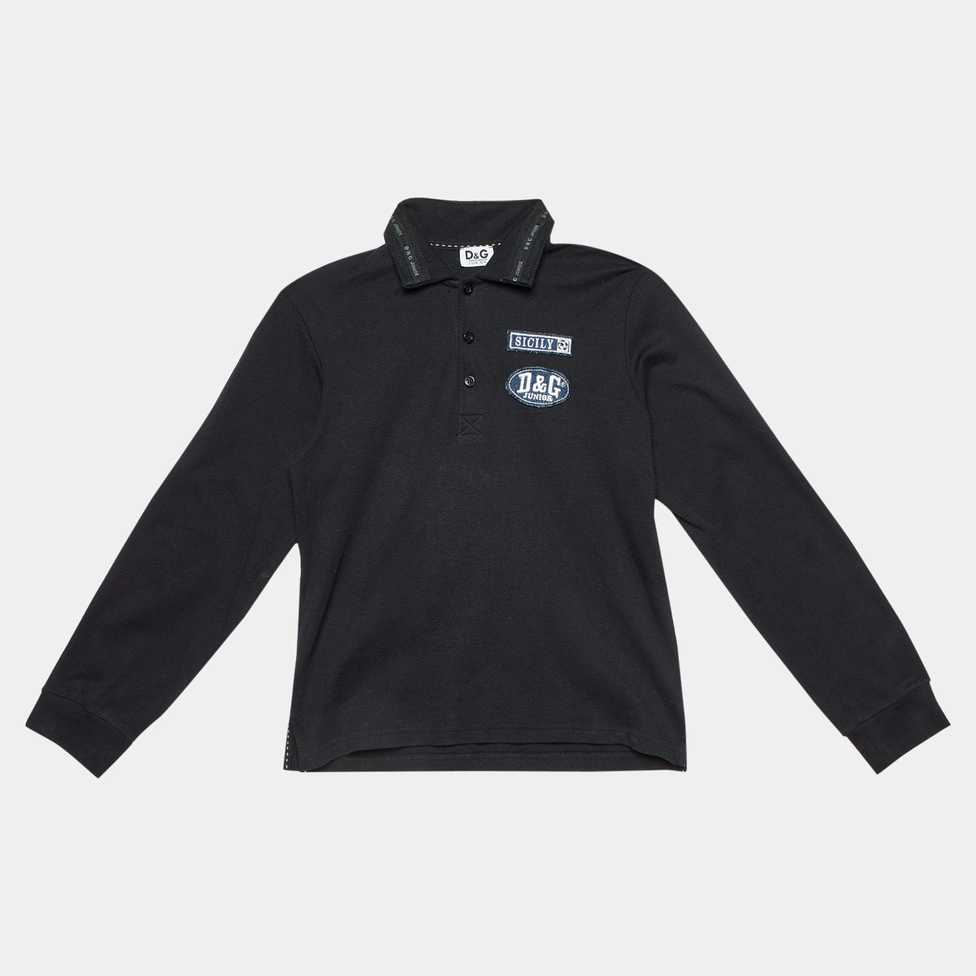 Pre Owned D&G Junior Black Cotton Applique Detail Polo T-Shirt 12 Yrs