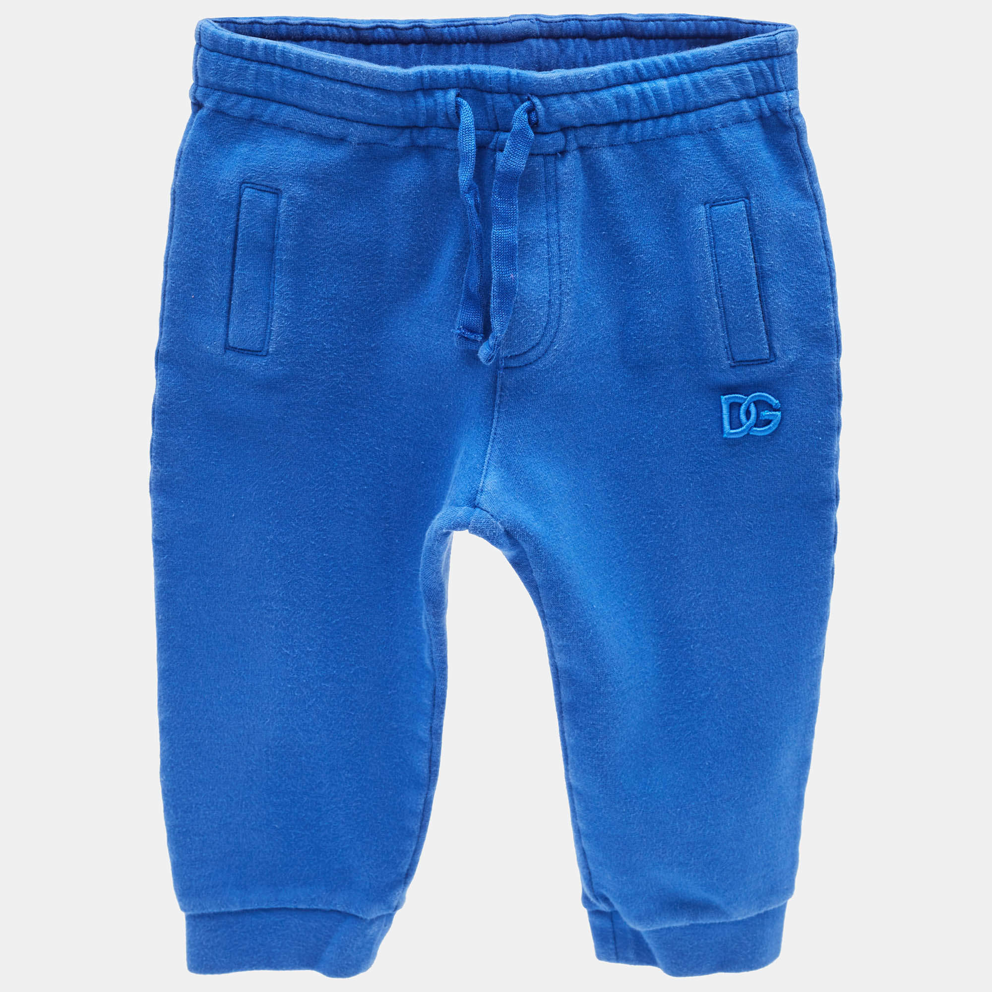 Pre Owned Dolce & Gabbana Kids Blue Logo Embroidery Cotton Knit Joggers 12-18 M