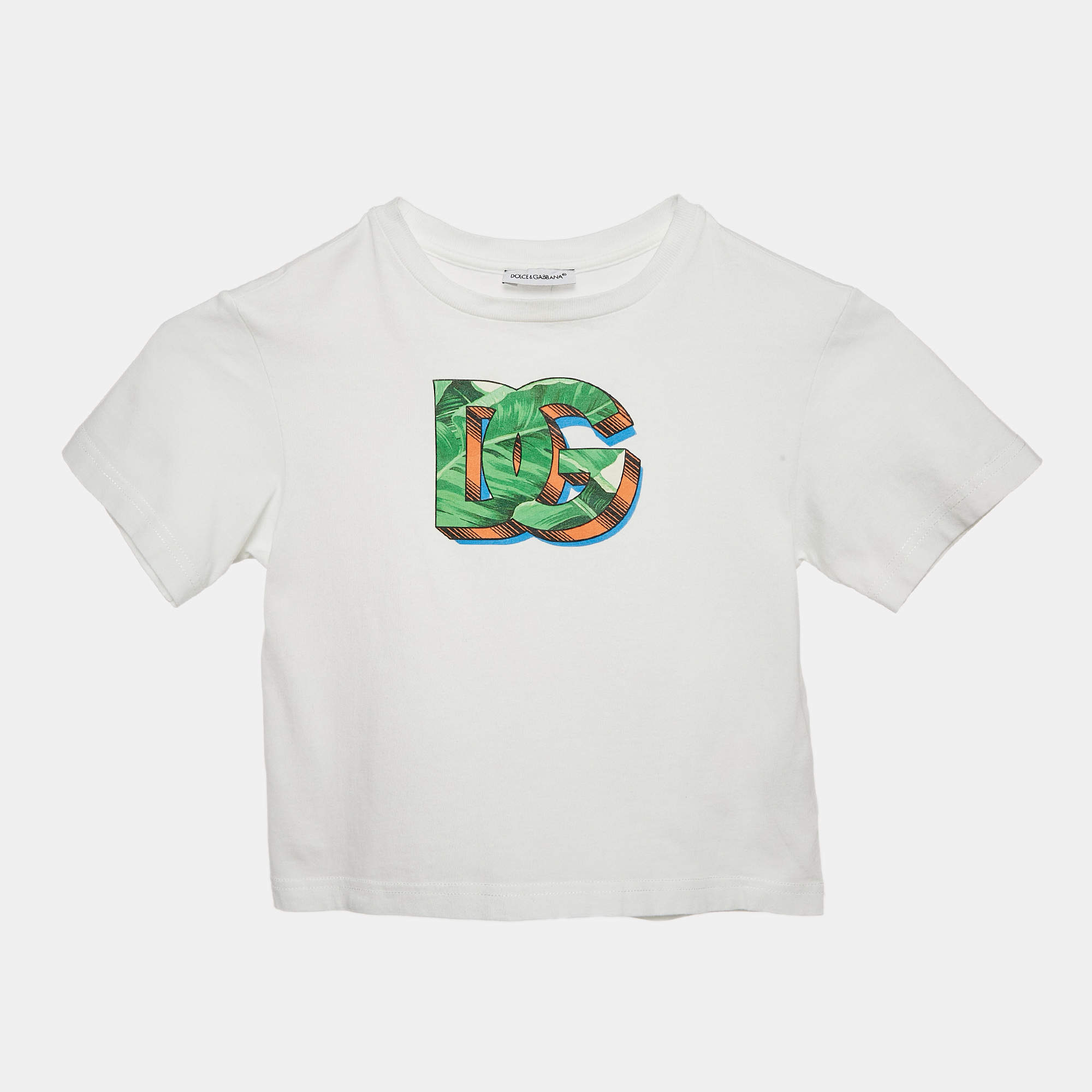 Pre Owned Dolce & Gabbana Kids White Logo Print Cotton Crew Neck T-Shirt 2 Yrs