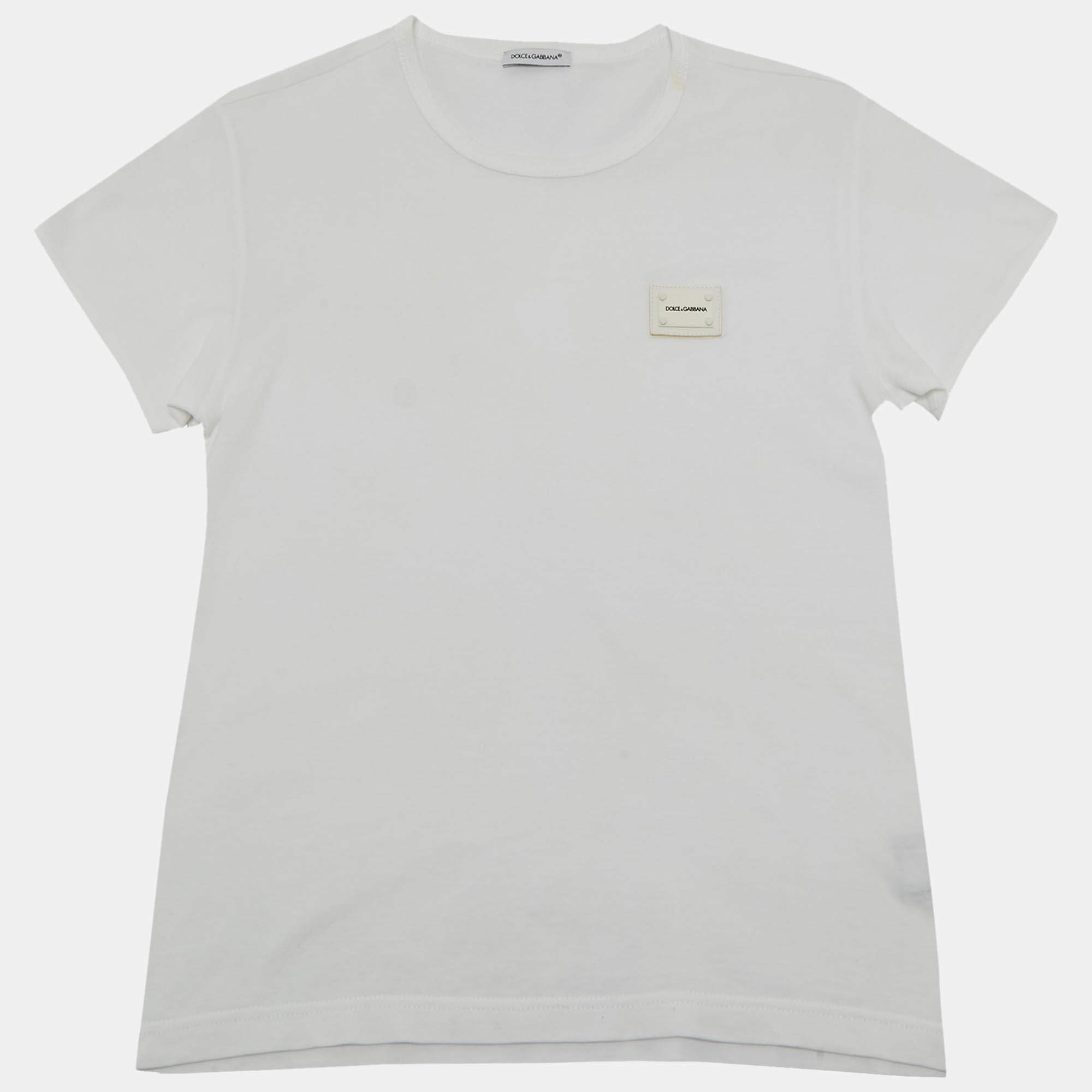 Pre Owned Dolce & Gabbana Kids White Logo Plaque Applique Jersey T-Shirt 7/8 Yrs 