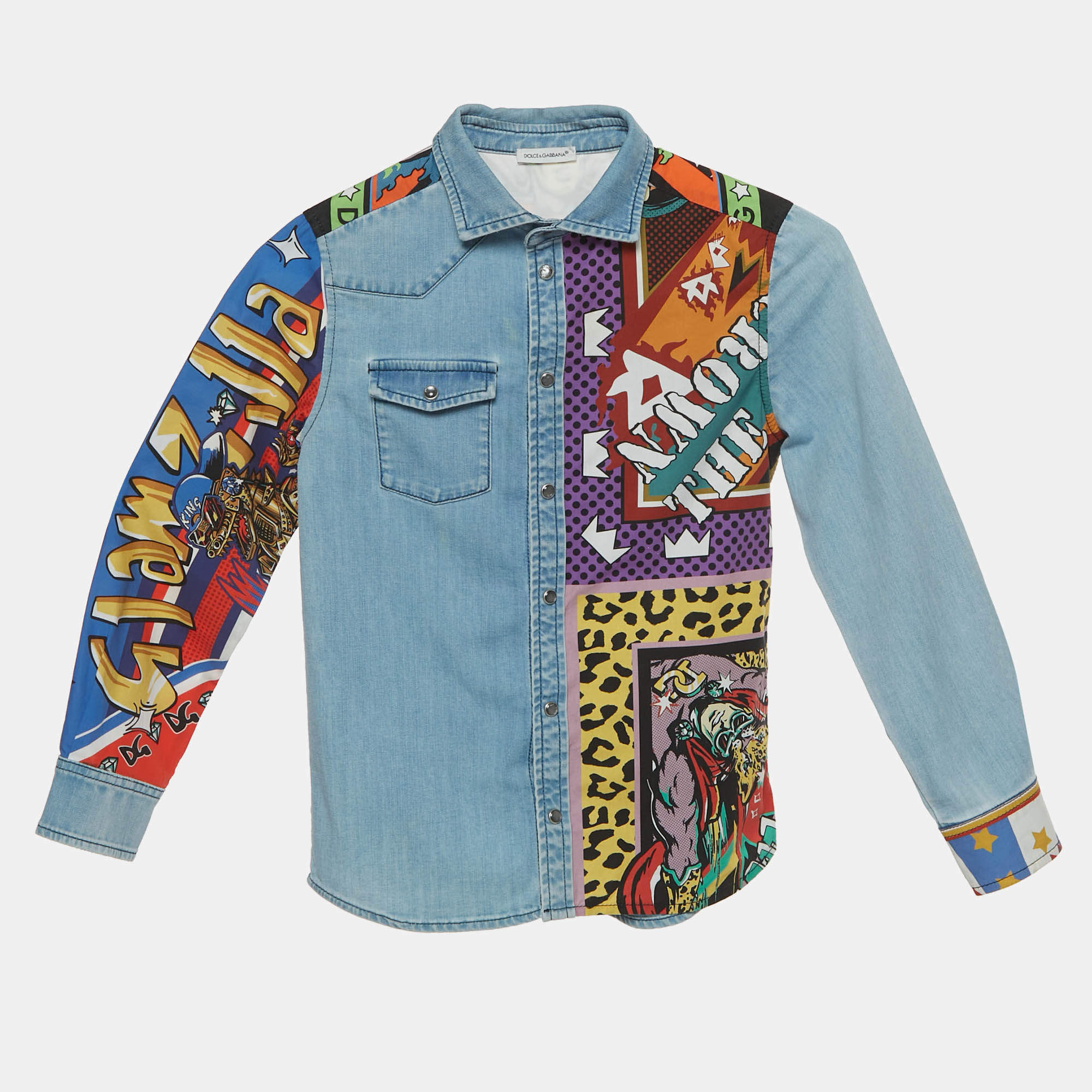 Pre Owned Dolce & Gabbana Kids Blue DG Super King Print Denim Shirt 7/8 Yrs