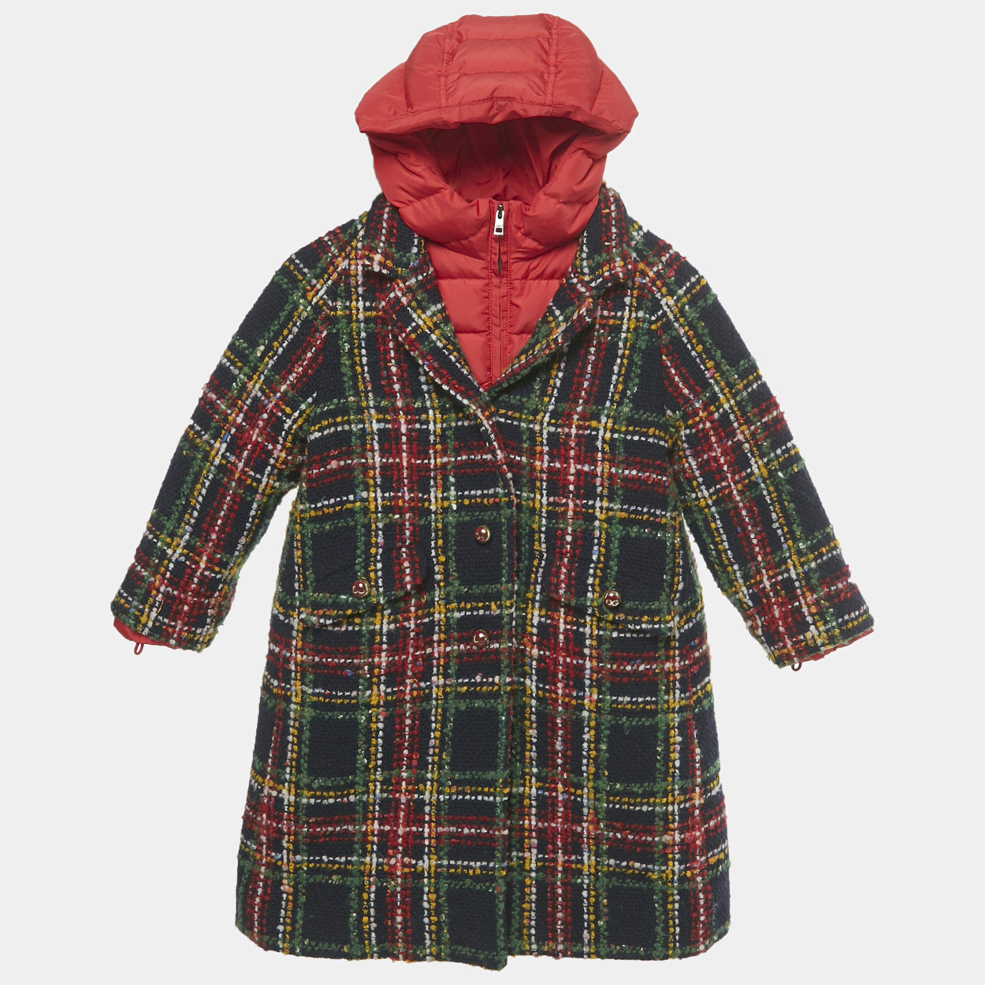 Pre Owned Dolce & Gabbana Blue/Red Plaid Wool and Synthetic Detachable Down Coat 5 Yrs