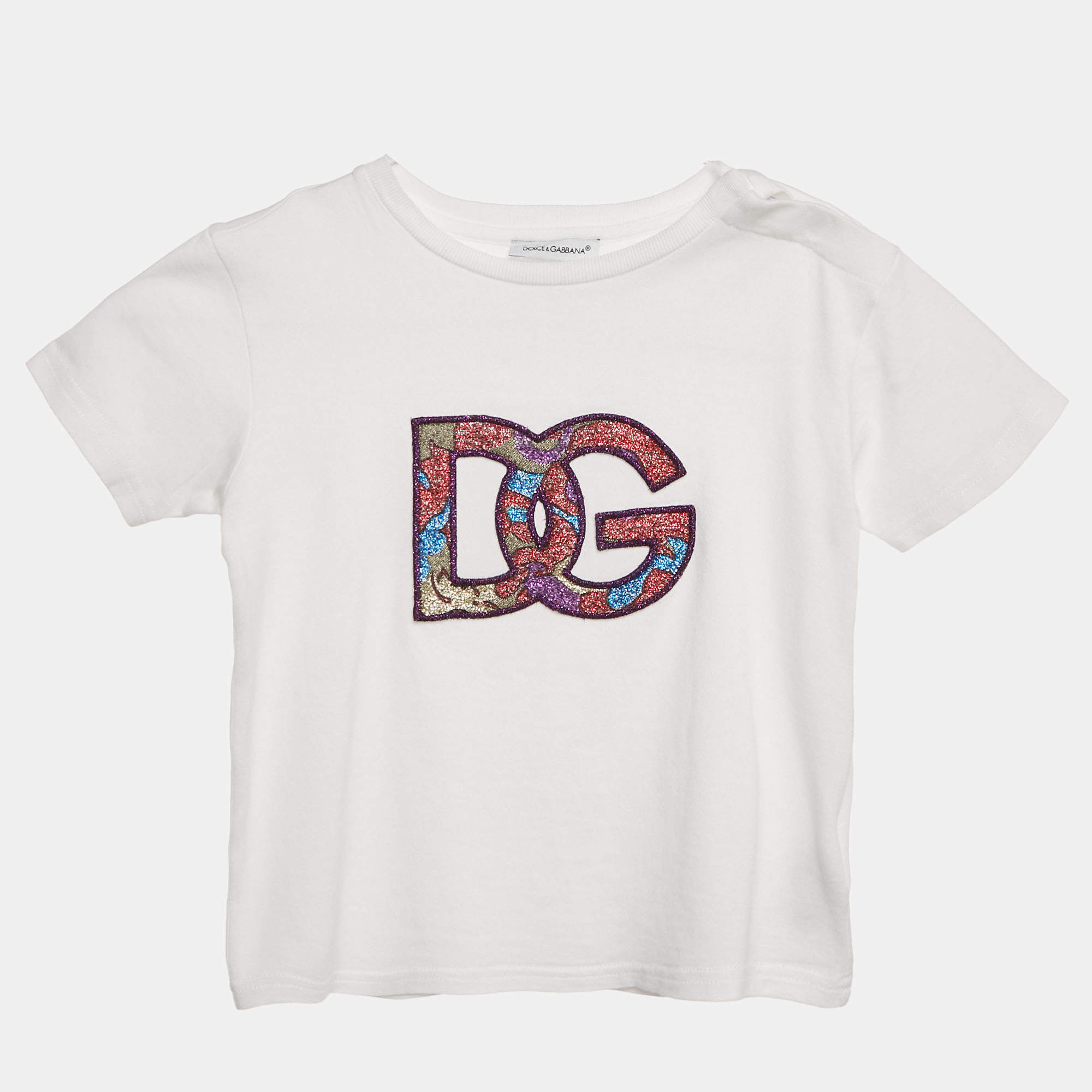 Pre Owned Dolce & Gabbana Kids White Logo Applique Detail Crew Neck T-Shirt 24-30 M