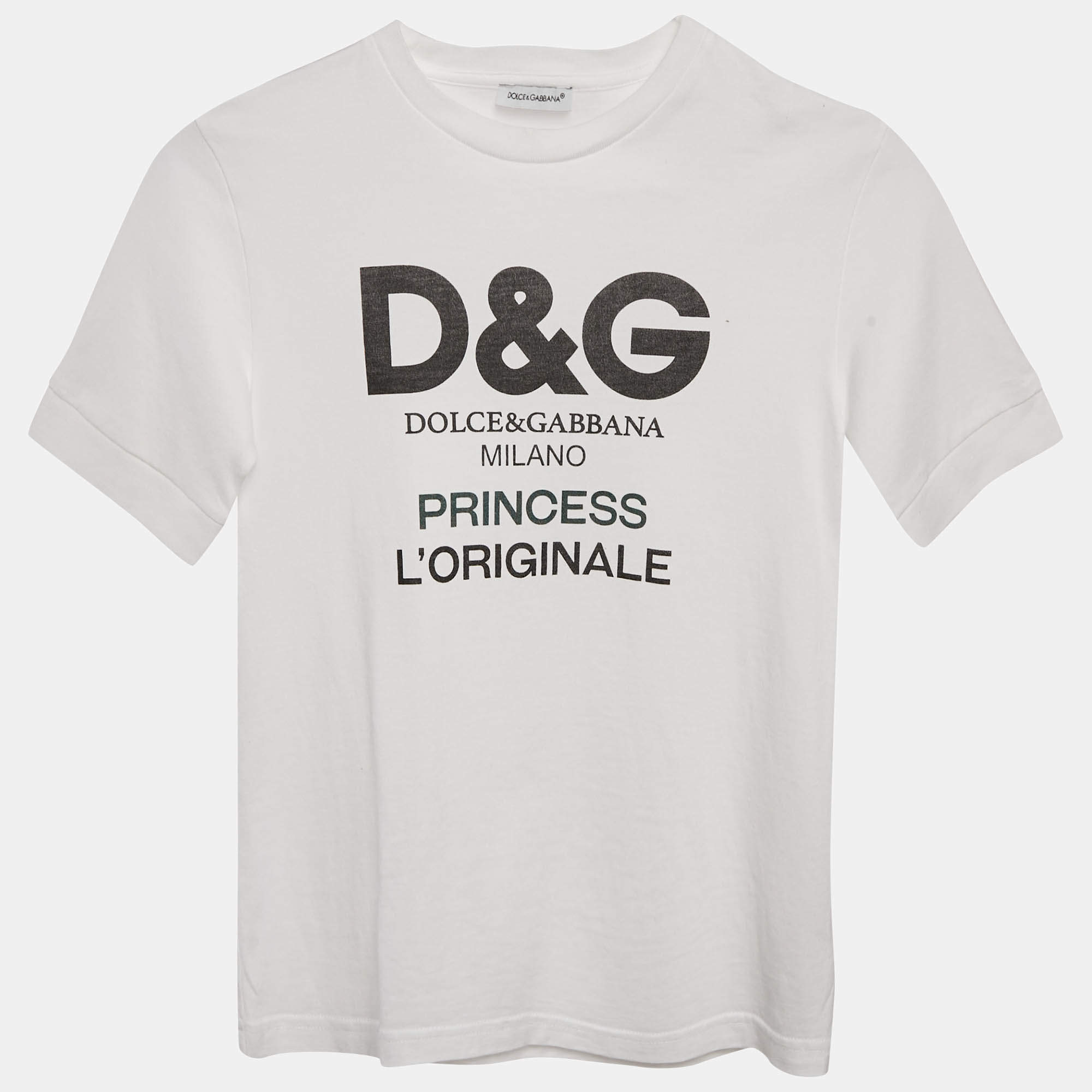 Pre Owned Dolce & Gabbana Kids White Logo Print Cotton Crew Neck T-Shirt 4 Yrs