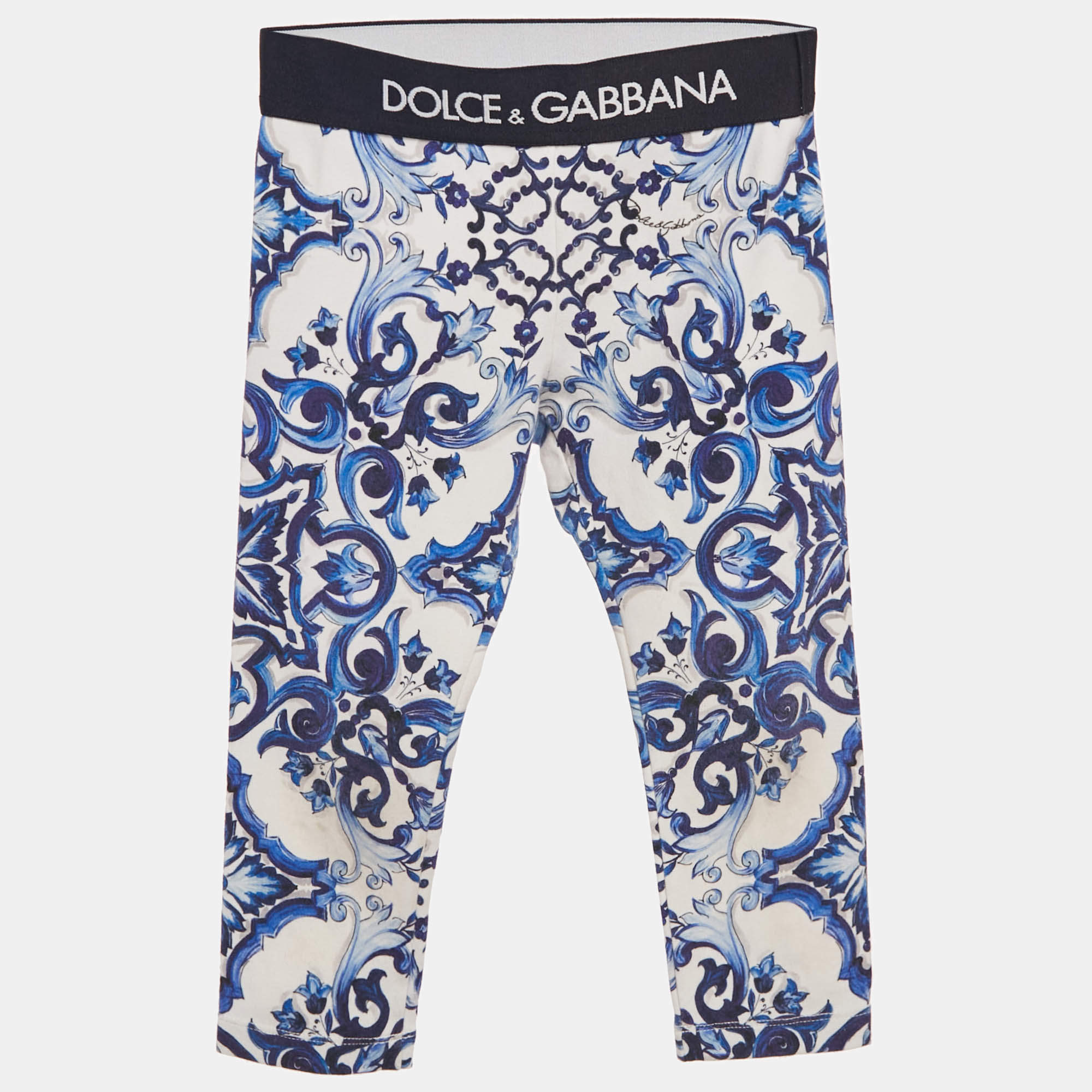 Pre Owned Dolce & Gabbana Kids White/Blue Printed Cotton Knit Pants 2 Yrs