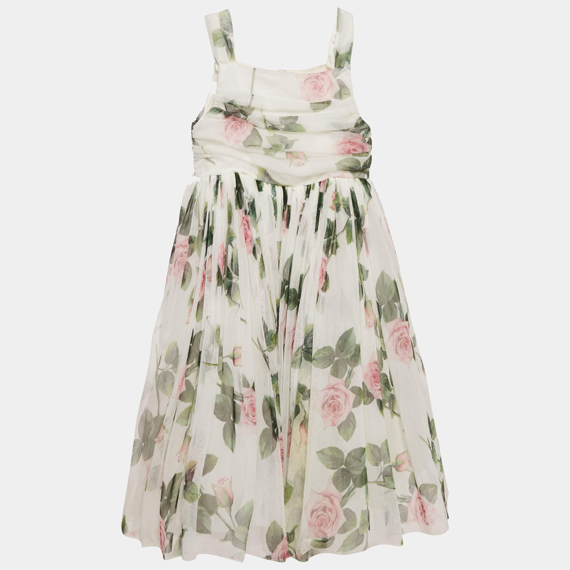 Dolce & Gabbana Kids White Tropical Rose Print Tulle Midi Dress 11/12 Yrs 