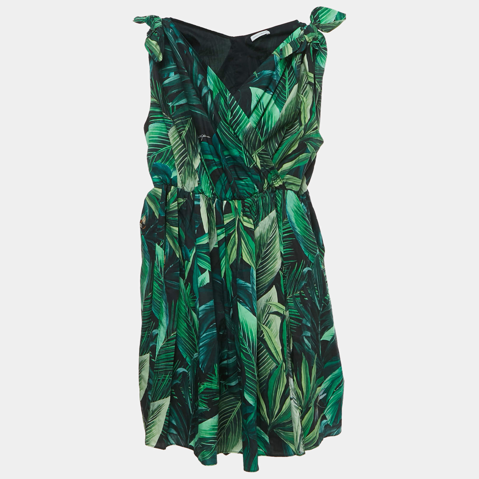 Pre Owned Dolce & Gabbana Kids Green Tropical Print Cotton Slit Dress Set 11/12 Yrs