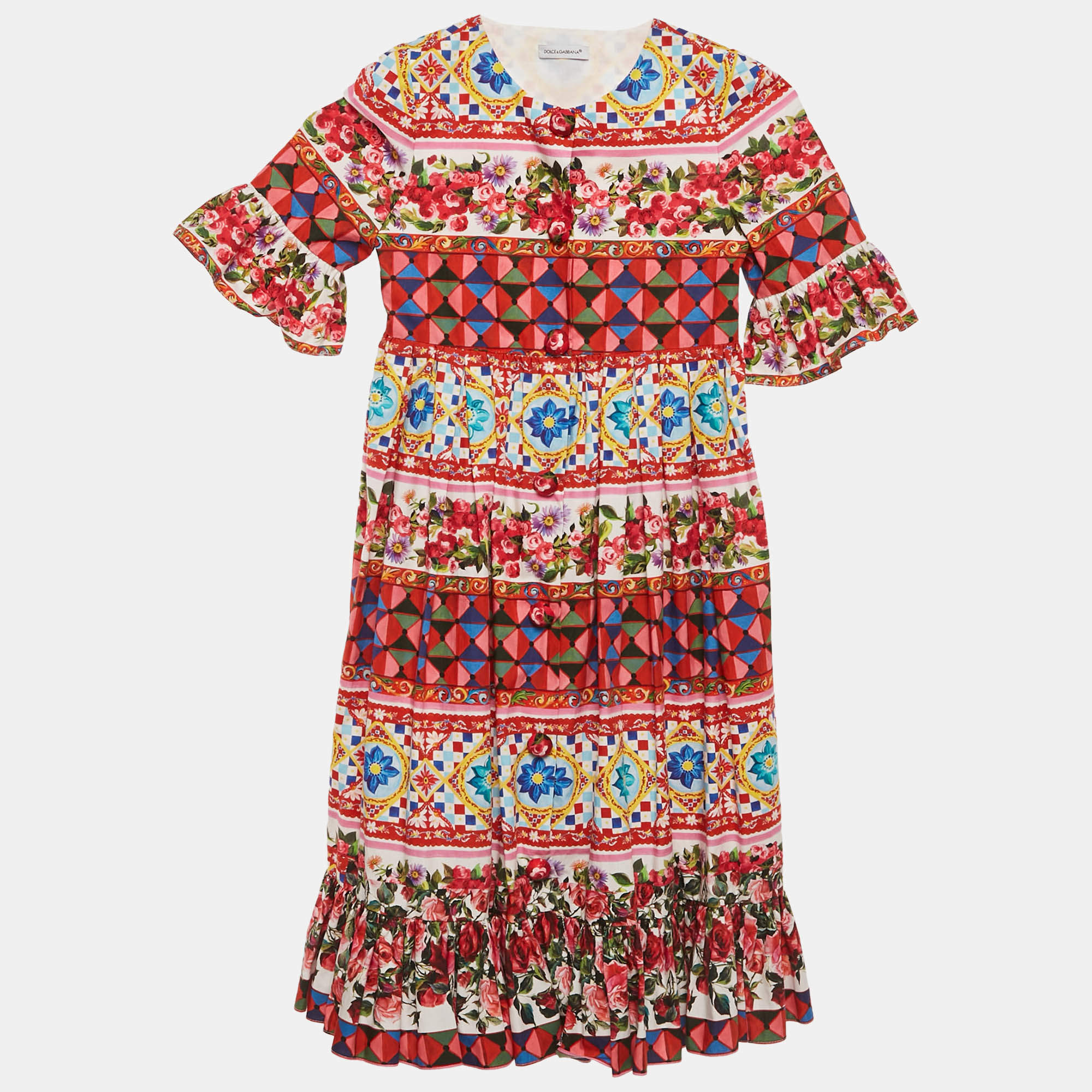 Pre Owned فستان دولتشي وغابانا متعدد الألوان بطبعة كاريتو مع ورود من القطن 6 سنوات