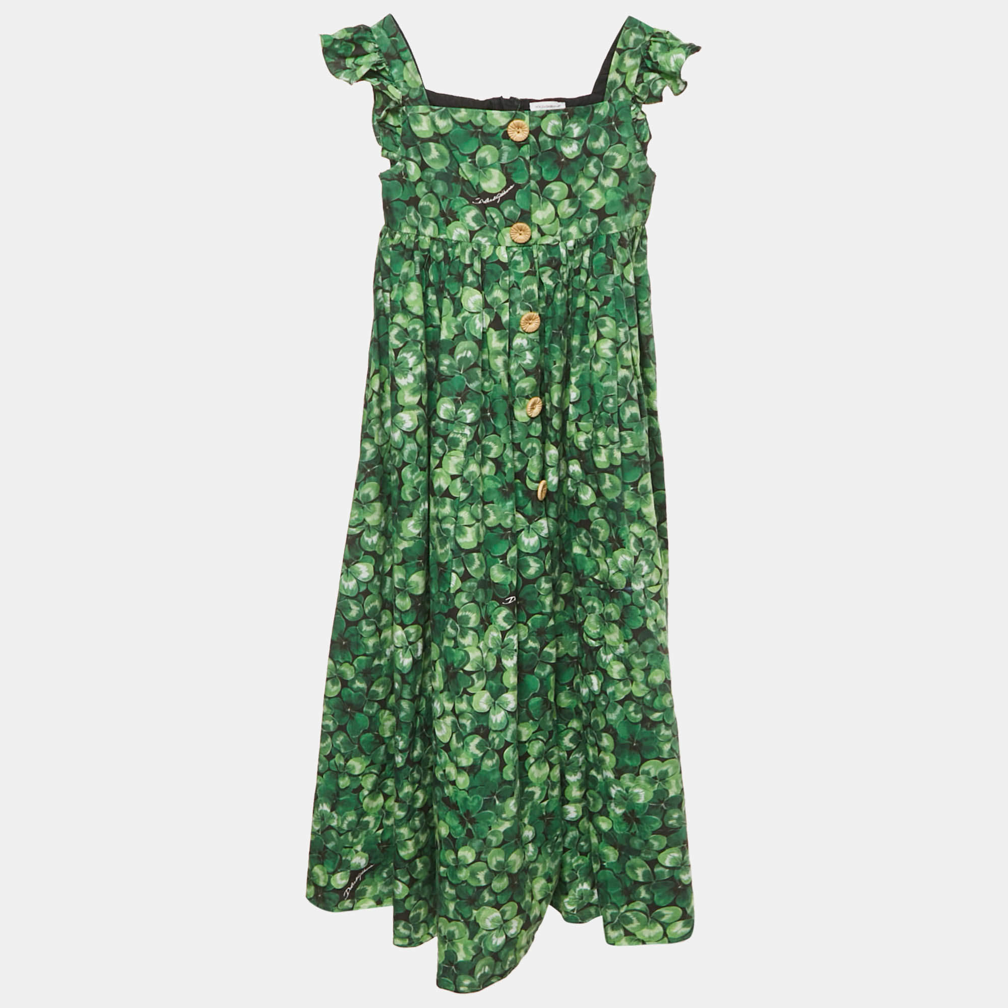 Pre Owned Dolce & Gabbana Kids Green Printed Poplin Ruffled Sleeve Dress 11/12 Yrs