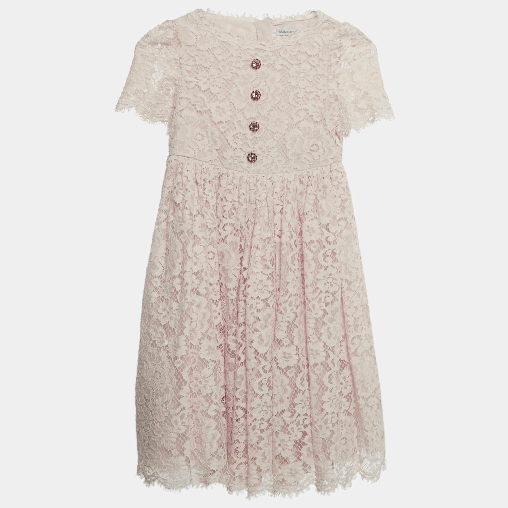 Pre Owned Dolce & Gabbana Kids Pink Lace Bejeweled Buttons Dress 6 Yrs