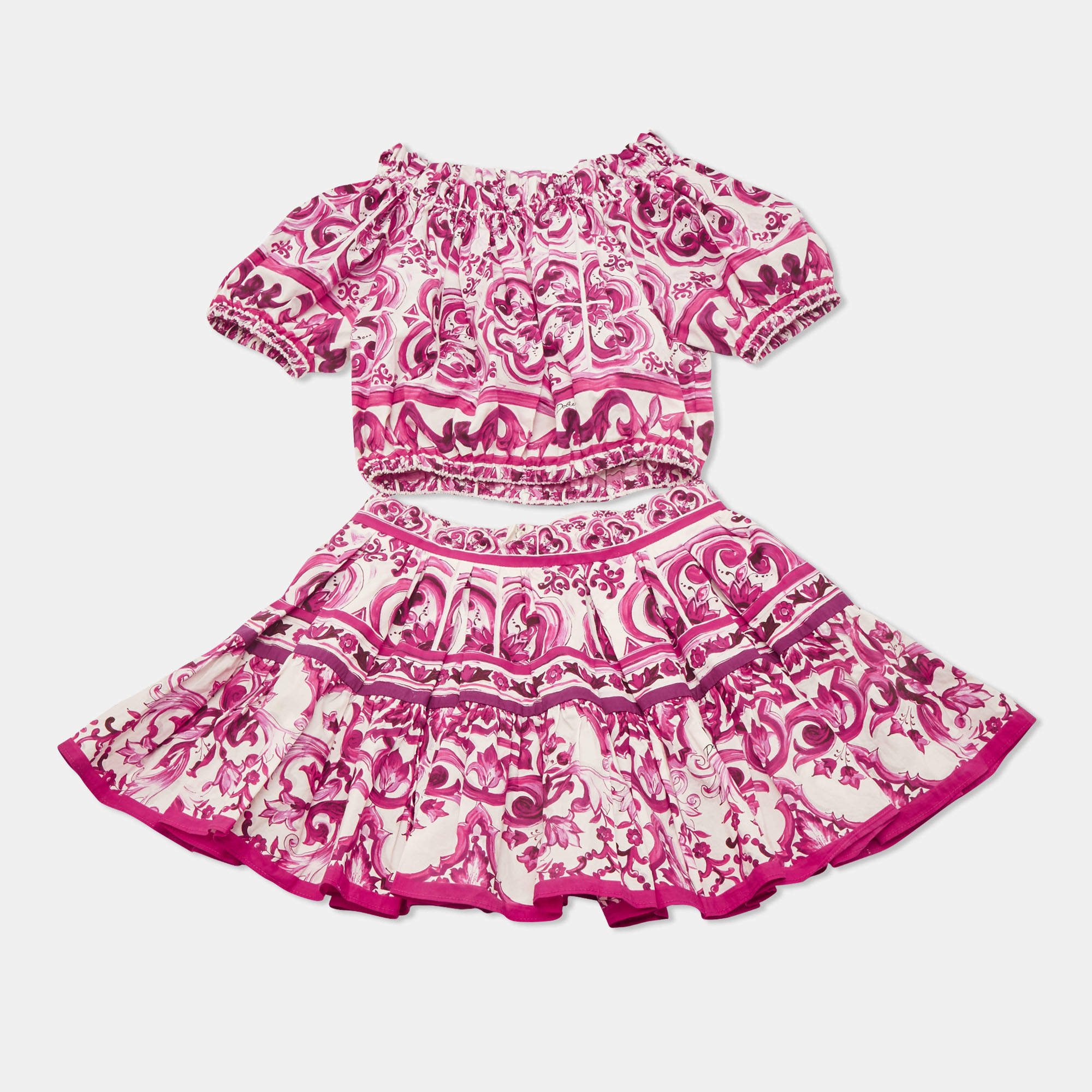 Pre Owned Dolce & Gabbana Kids Majolica Print Cotton Top & Skirt Set 5/4 Yrs
