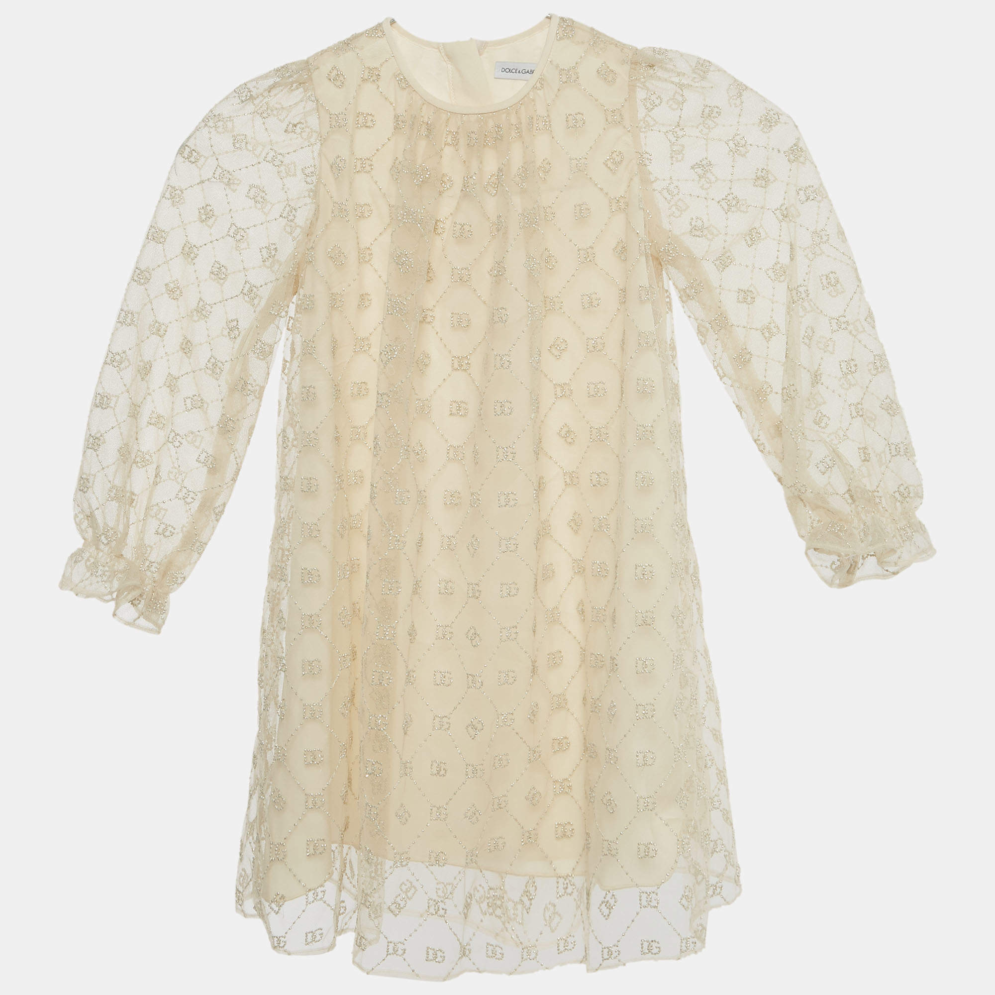 Pre Owned Dolce & Gabbana Kids Beige DG Embroidered Tulle Dress 24-30M