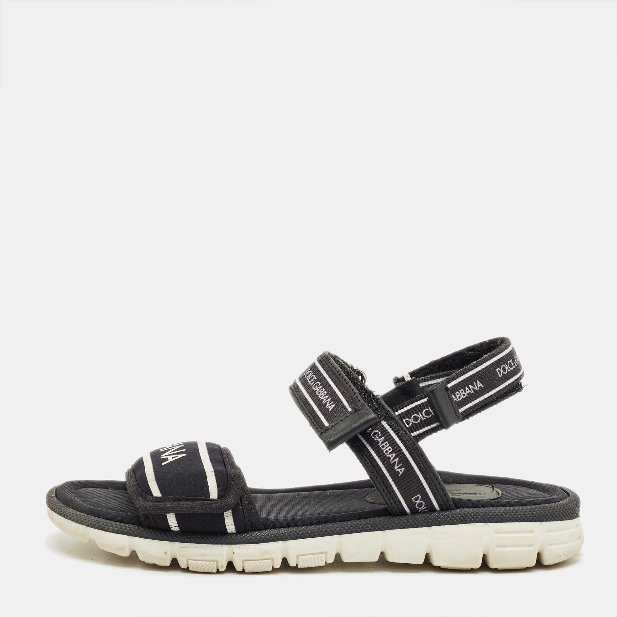 Pre Owned Dolce & Gabbana Black Fabric and Leather DNA Logo Strap Sandals Size 31