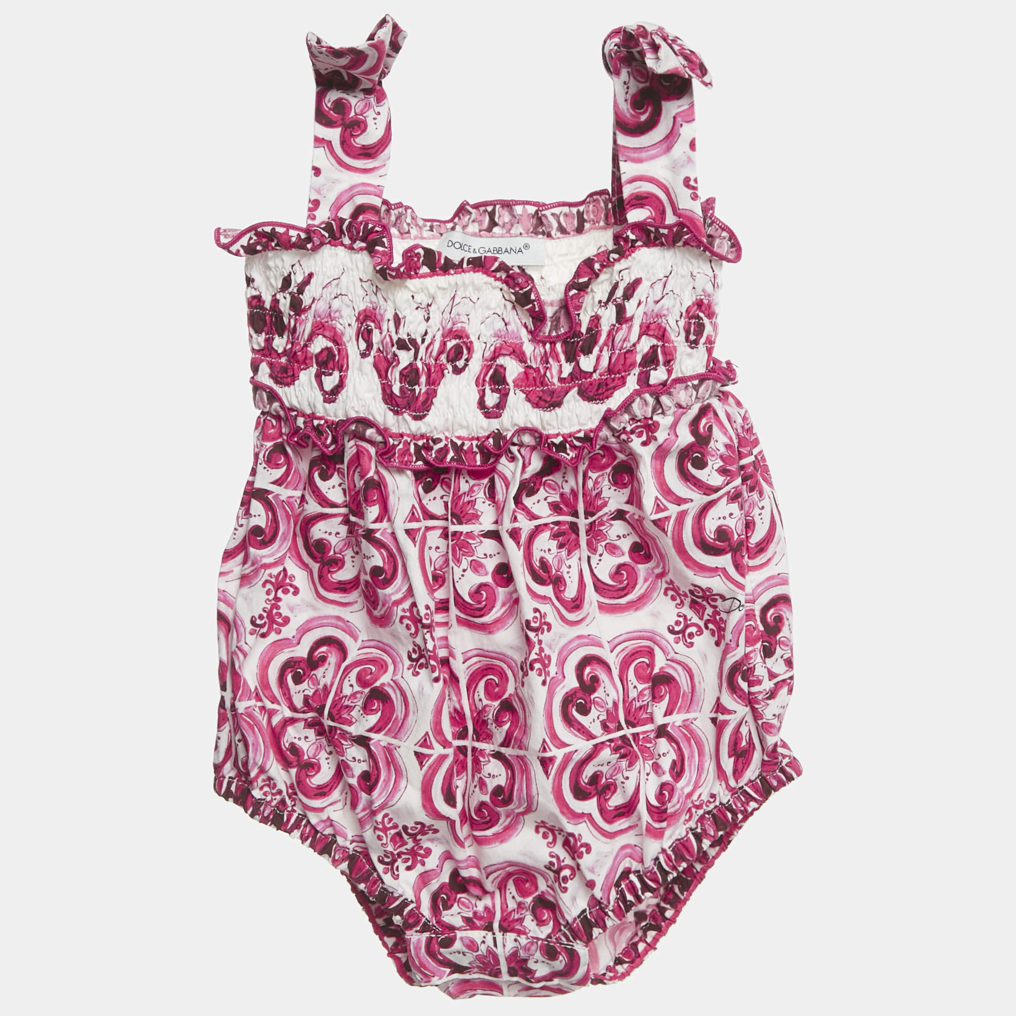 مملوكة مسبقًا Dolce & Gabbana Kids Pink Majolica Print Cotton Romper 0-3M
