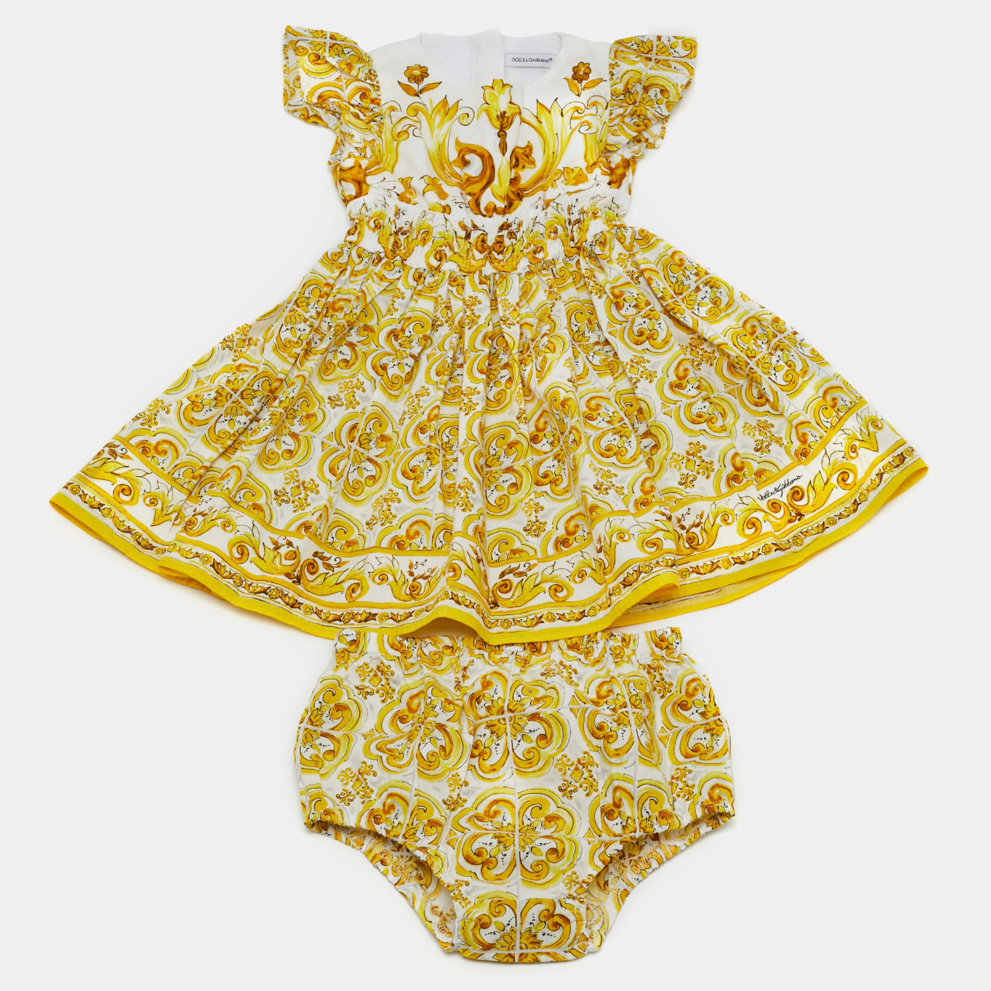 Pre Owned Dolce & Gabbana Kids Yellow Majolica Print Cotton Dress & Shorts Set 12/18 Months 