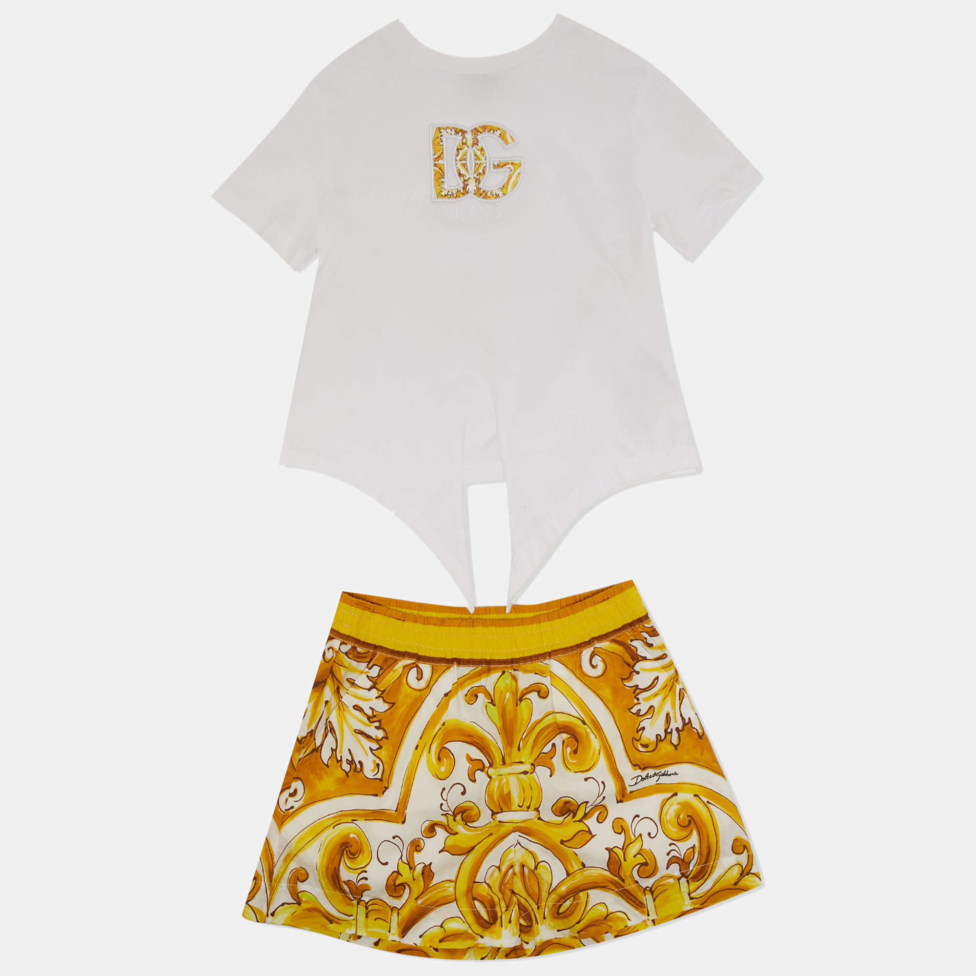 مملوكة مسبقًا طقم دولتشي وغابانا للأطفال بنقوش الماجوليكا بالأبيض والأصفر جيرسي وبوبلين 4 سنوات