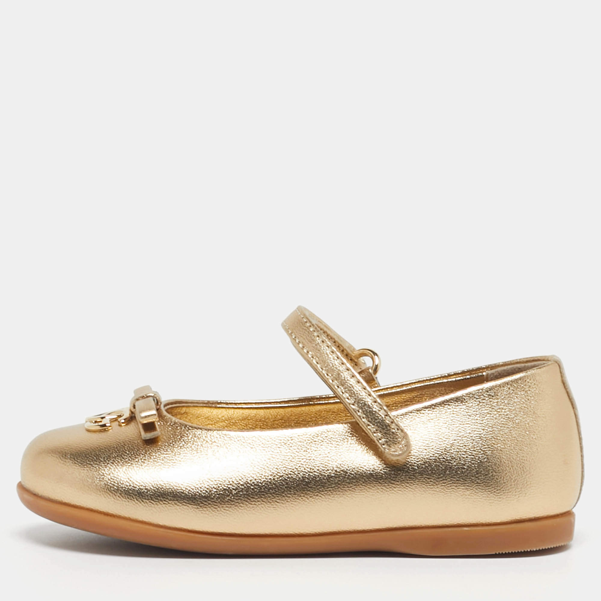 Pre Owned Dolce & Gabbana DG Logo Size 21 Gold Leather Ballet Flats